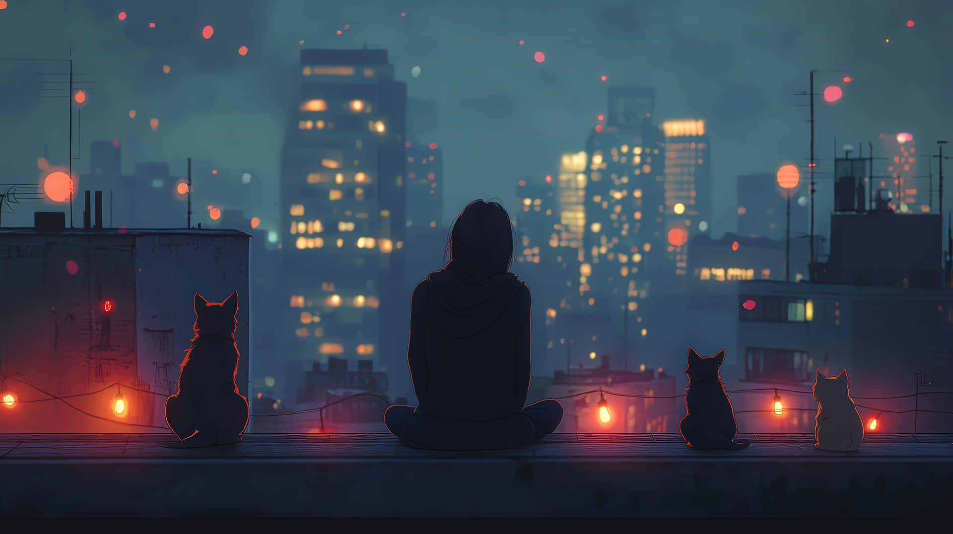 Girl Sitting on a Rooftop at Night with Cats and City Skyline Lights 壁紙 — 一個人和三隻貓在黃昏時坐在屋頂上，以剪影形式觀賞閃爍的城市景觀和燈串。