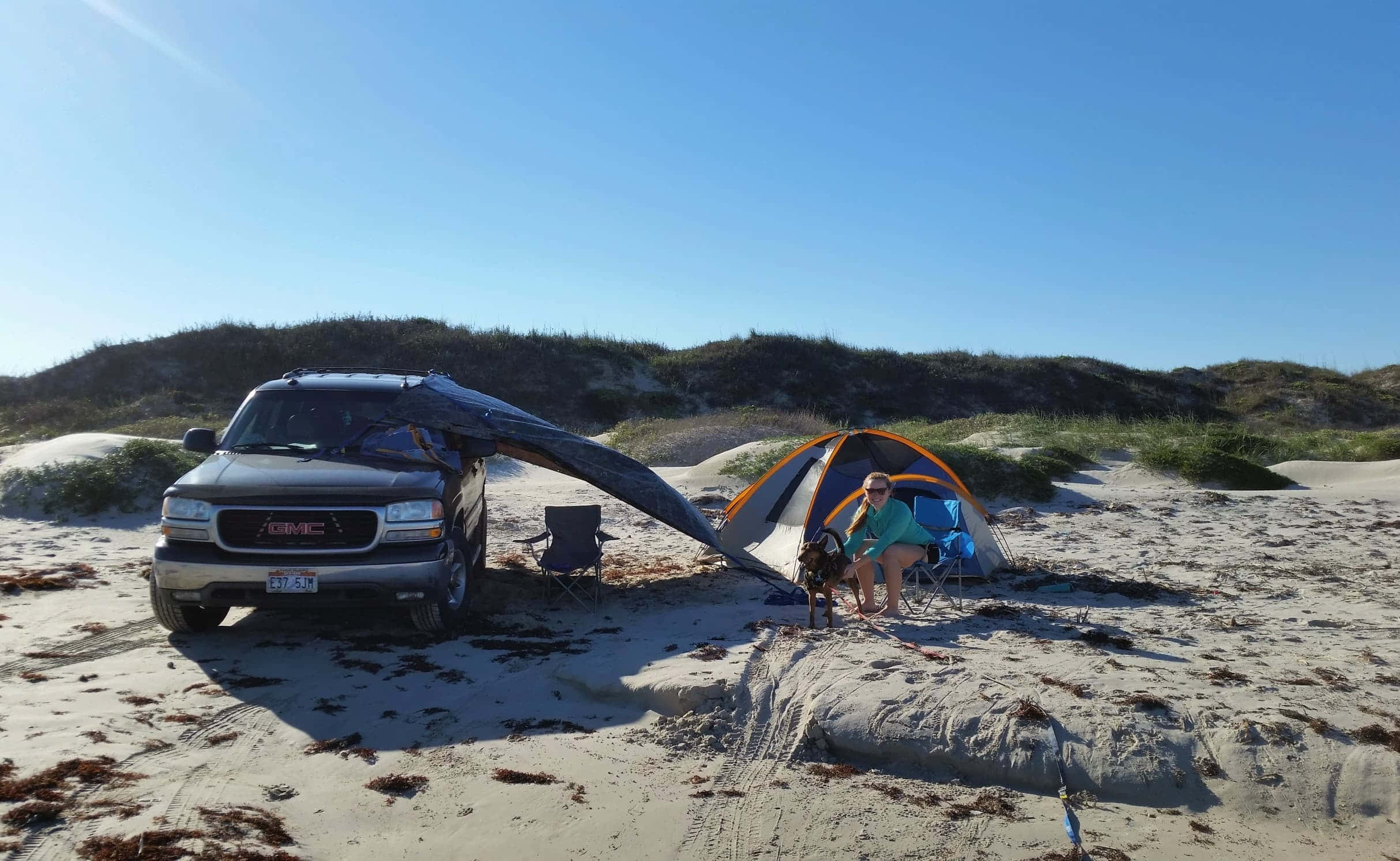Beach Camping 桌布 壁紙 — 一個人和狗在陽光明媚、沙丘覆蓋的海岸上，在卡車旁邊的沙灘帳篷裡放鬆。
