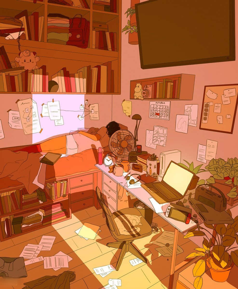 Aesthetic Drawings 桌布 壁紙 — 一個人在一張床上睡覺，房間是雜亂、溫暖照明的書房，充滿書籍、植物和散落的紙張。
