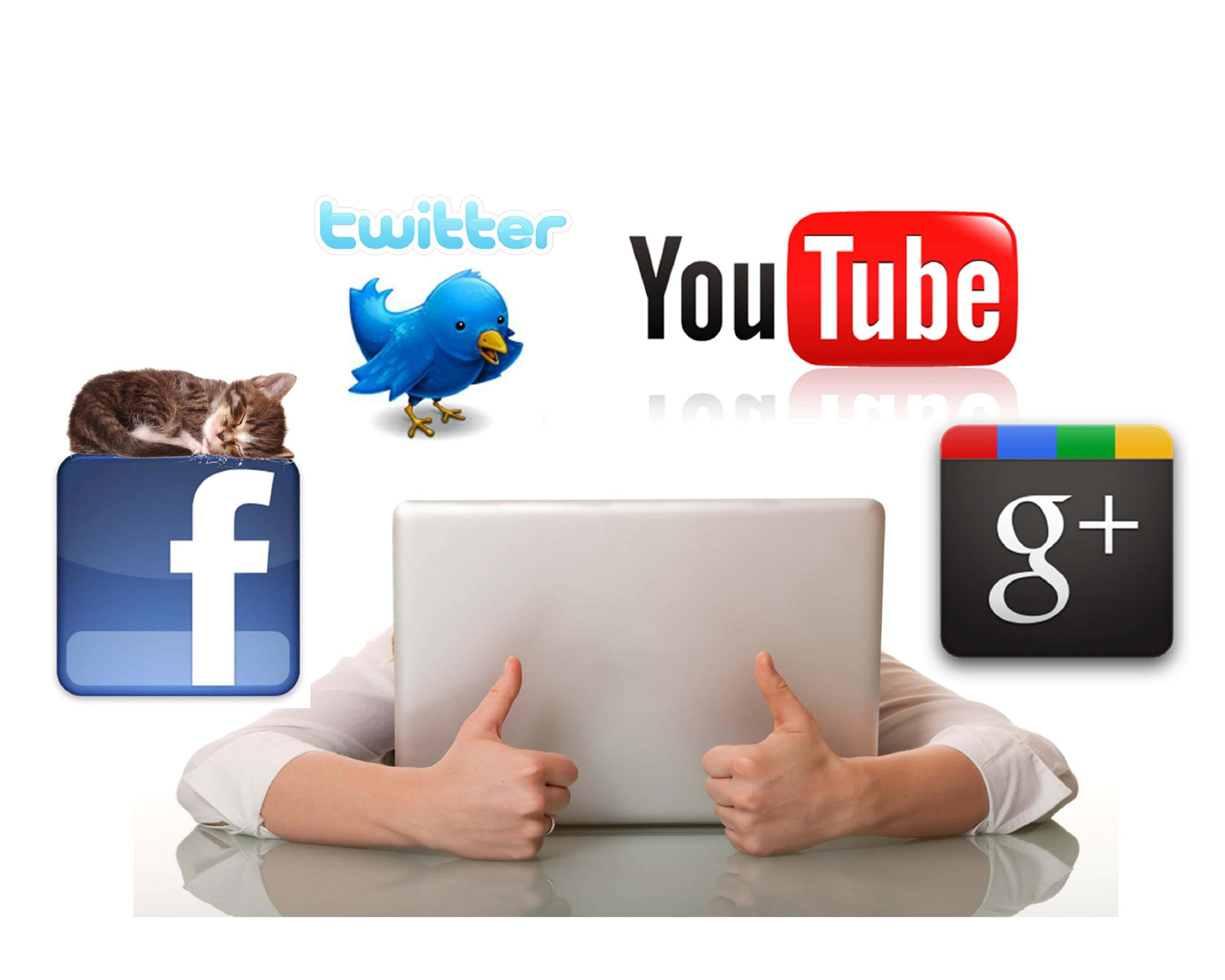 4K Social Media 桌布 壁紙 — 一個人在使用筆記型電腦時豎起大拇指，周圍有社交媒體圖示和一隻睡覺的貓。