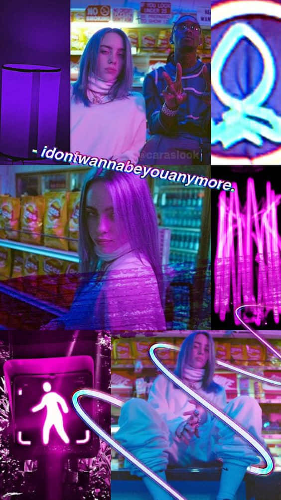mood 桌布 壁紙 — 一個人在便利商店的鮮豔霓虹燈拼貼畫，帶有發光的粉紅色和藍色燈光以及超現實的數位疊加。