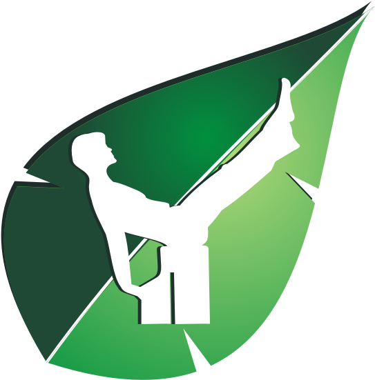 Pilates 桌布 壁紙 — 一個人在動態瑜伽姿勢中的白色剪影，背景是漸變綠色葉形。
