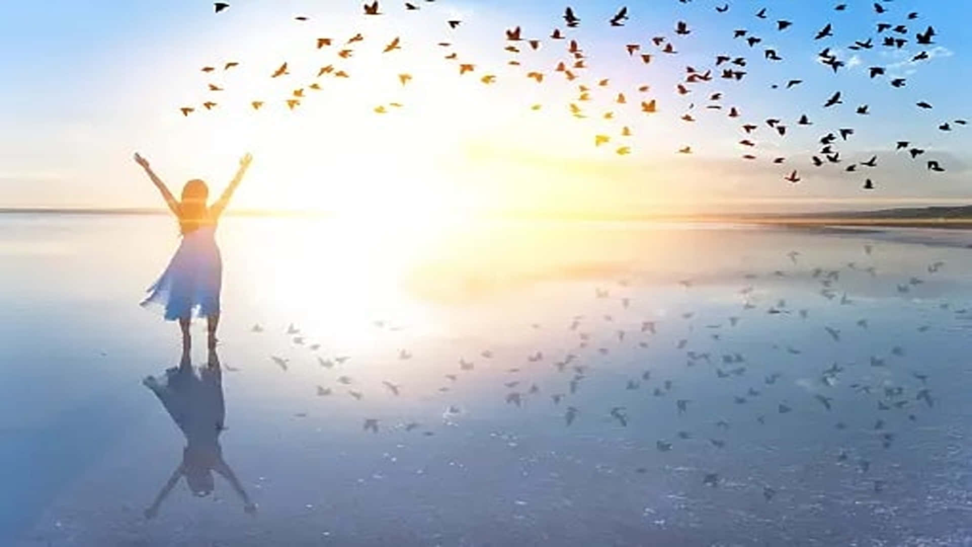 Eternal Life 桌布 壁紙 — 一個人在反射的海灘上舉起雙臂，鳥兒在金黃色的日落時分飛過頭頂。