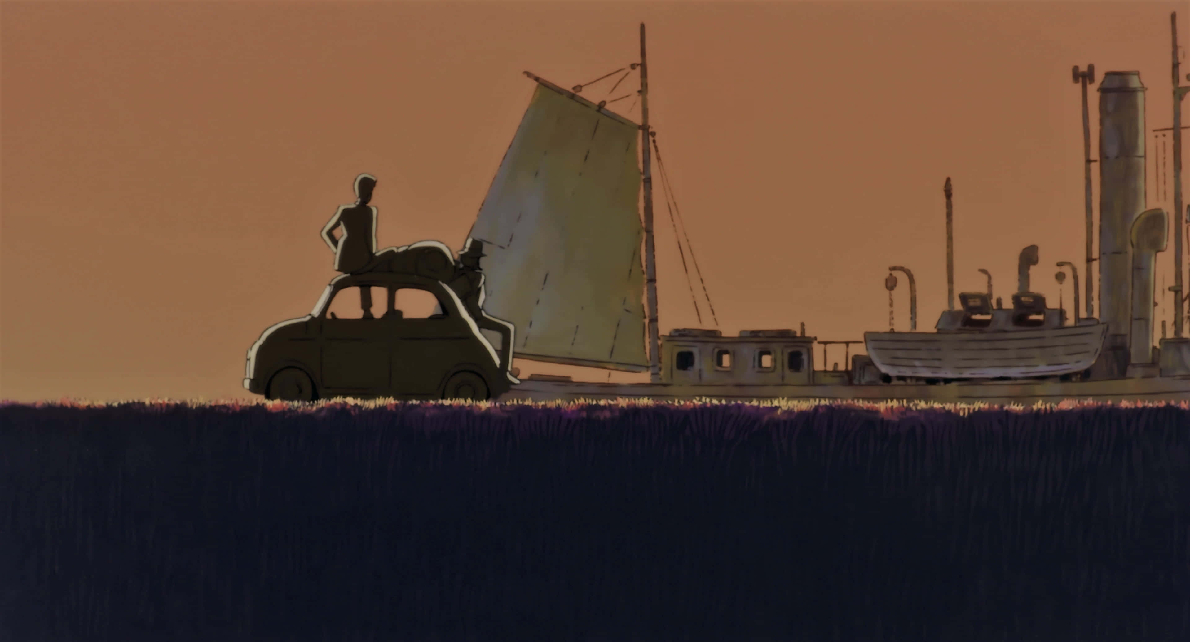 Lupin Iii The Castle Of Cagliostro 桌布 壁紙 — 一個人在夕陽下高草田野中，站在帆船和蒸汽船旁邊的復古車上的剪影。