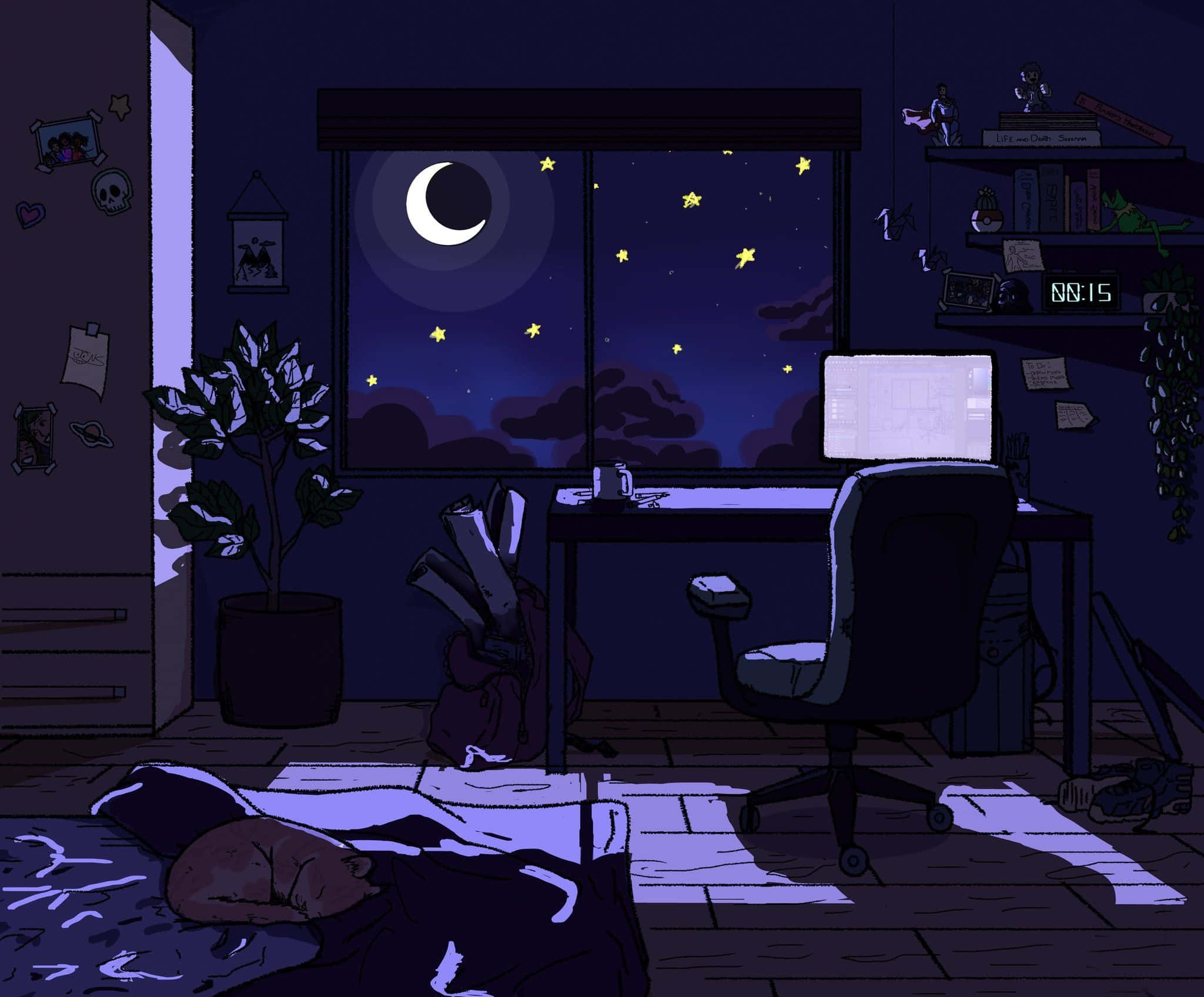 Cozy Anime 桌布 壁紙 — 一個人在夜間昏暗的房間地板上睡覺，透過窗戶可以看到新月和星星。