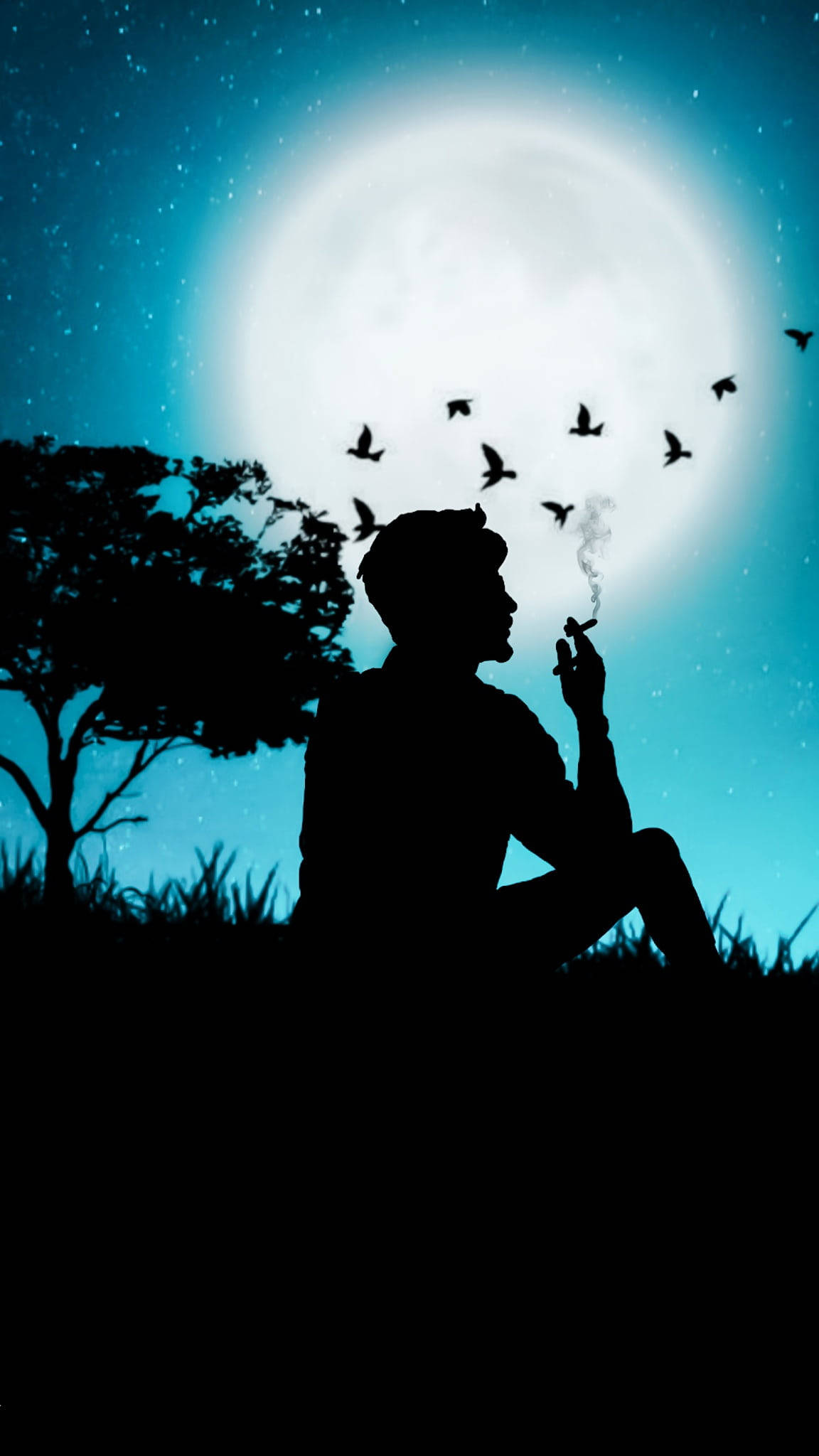 Silhouette 桌布 壁紙 — 一個人在巨大月亮下吸煙的剪影，鳥兒在繁星點點的藍綠色天空中飛翔。