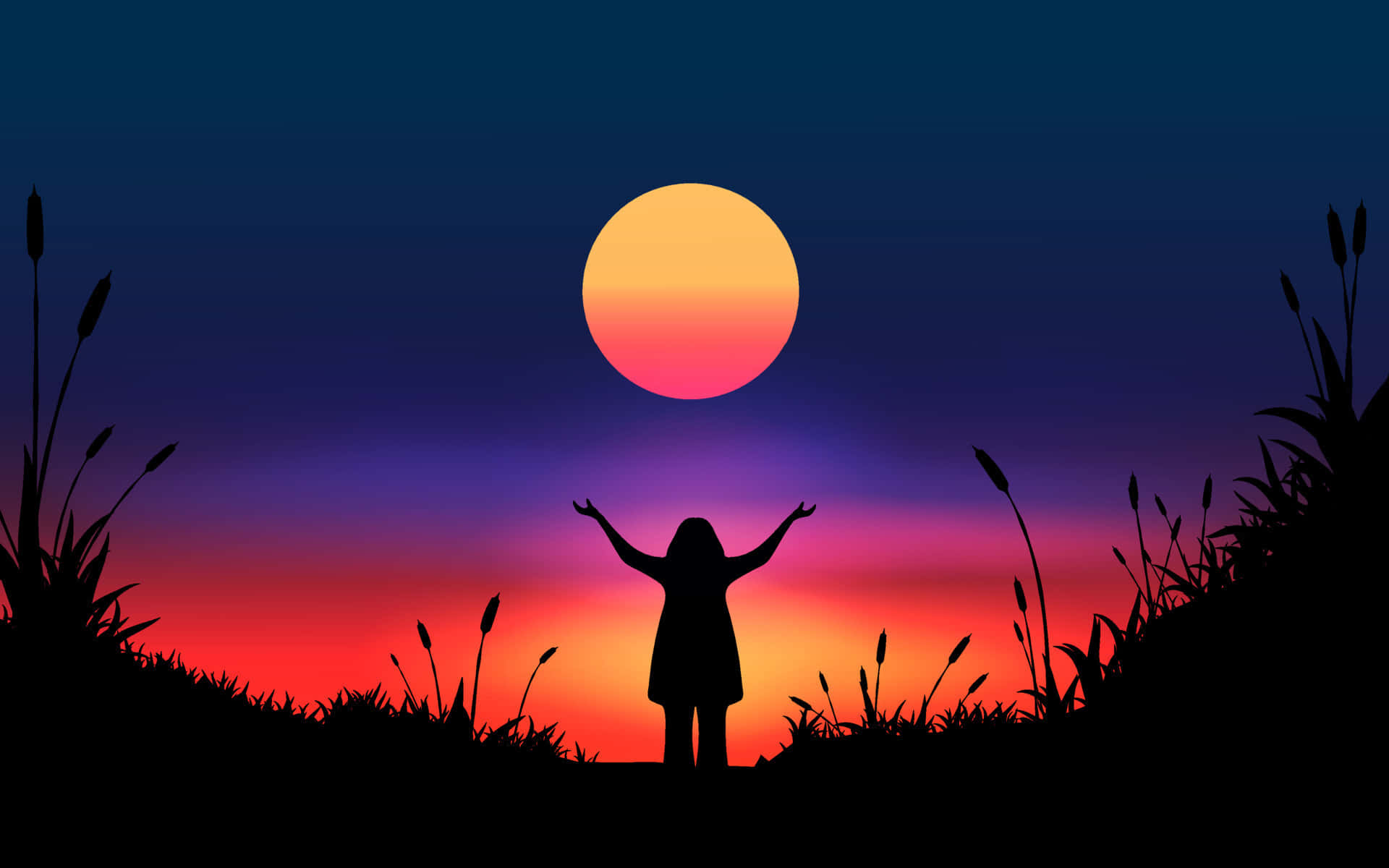 Silhouette 桌布 壁紙 — 一個人在巨大發光的太陽下舉起雙臂的剪影，背景是充滿活力的暮色天空，並以草叢作為框架。