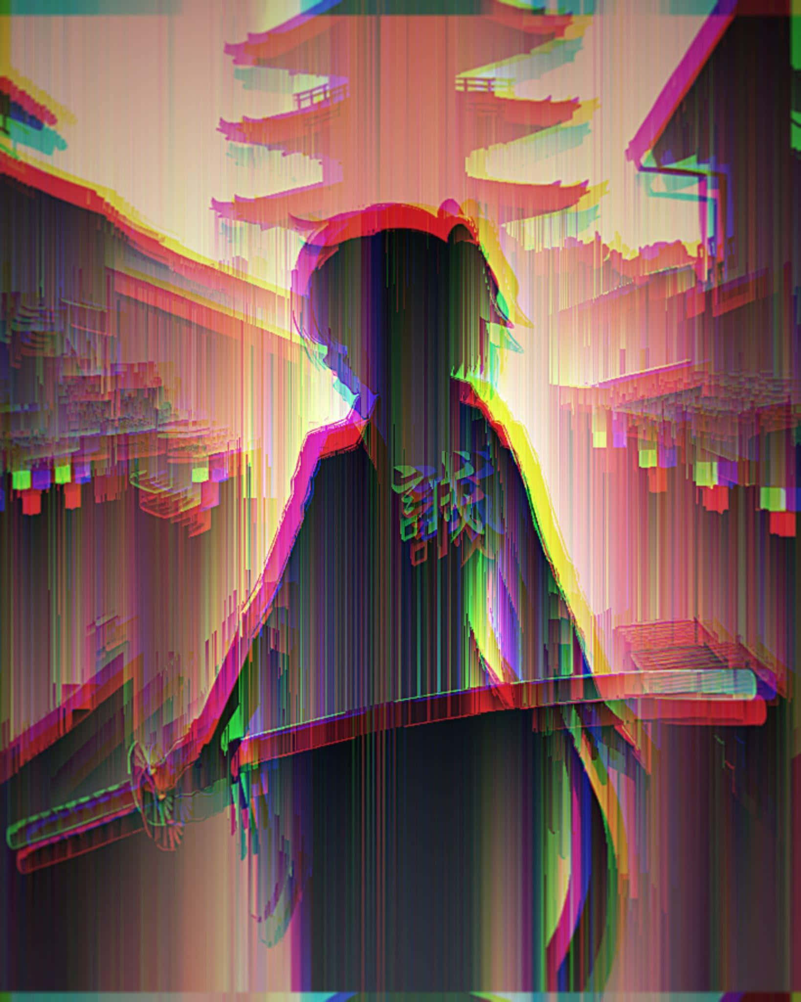 Glitch Effect 桌布 壁紙 — 一個人在扭曲的日本塔背景下，手持武士刀，帶有鮮豔色差效果的故障藝術剪影。