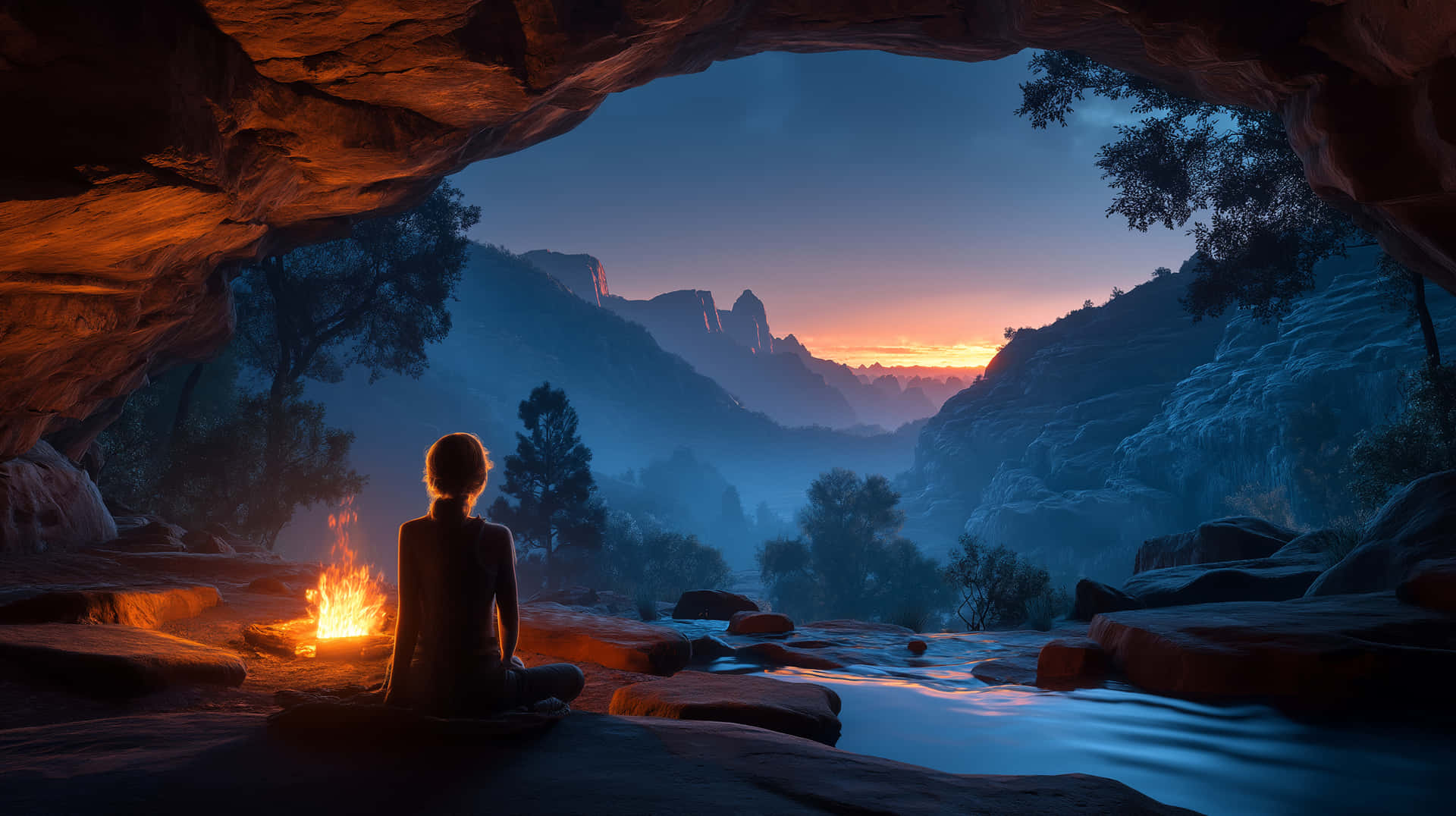 Dawn's Embrace in a Cave Overlooking Mountainous Waters 壁紙 — 一個人在日出時分，在一個可以俯瞰霧氣瀰漫的峽谷的洞穴裡，在營火旁邊打坐冥想。