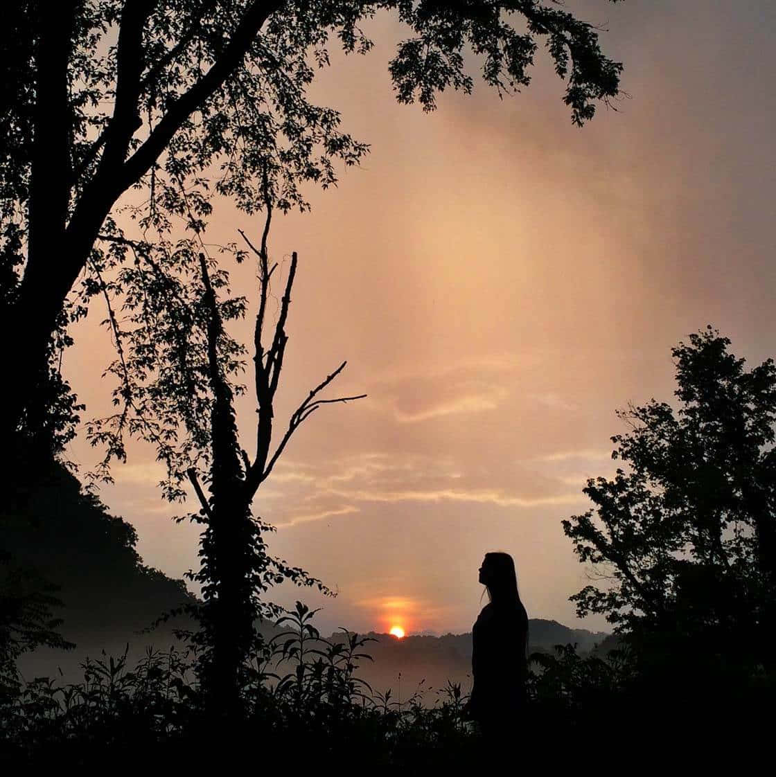 Silhouette 桌布 壁紙 — 一個人在日落時分站在森林中的剪影，伴隨著溫暖發光的天空和霧氣瀰漫的山丘。