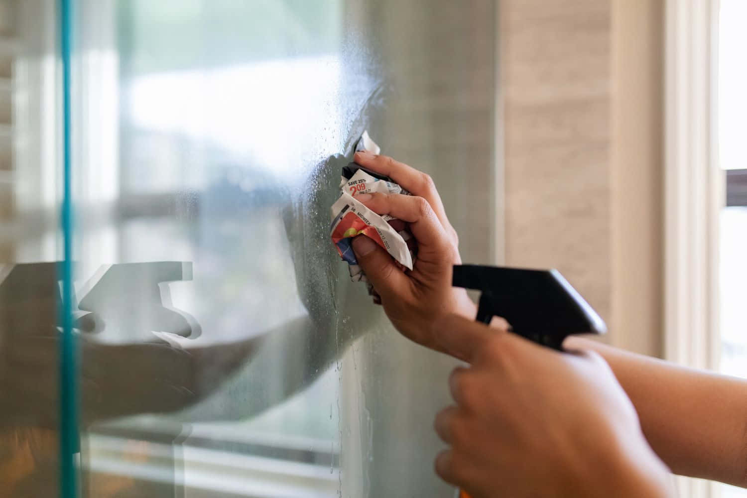 Cleaning 桌布 壁紙 — 一個人在明亮的室內環境中用布和噴霧瓶噴灑並擦拭玻璃表面。