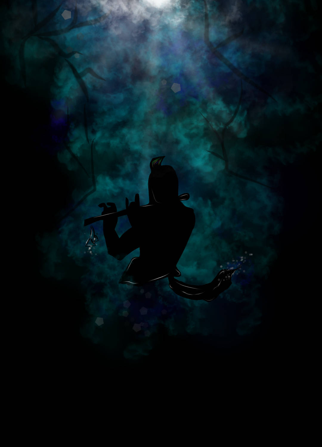 krishna iPhone 桌布 壁紙 — 一個人在明亮的月亮下，在發光的藍綠色薄霧和光禿禿的樹枝中吹奏長笛的剪影。