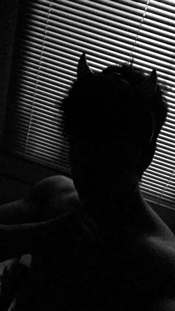 shadow 桌布 壁紙 — 一個人在昏暗的房間裡，戴著魔鬼角，以條紋百葉窗為背景的剪影。