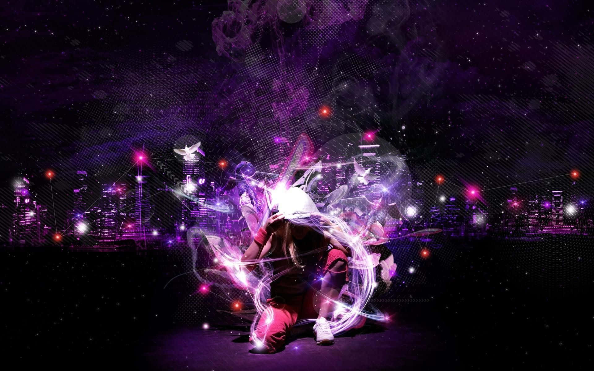 舞蹈 桌布 壁紙 — 一個人在星光燦爛的夜空下，在發光的紫色能量風暴中跪著，背景是霓虹燈閃爍的城市天際線。