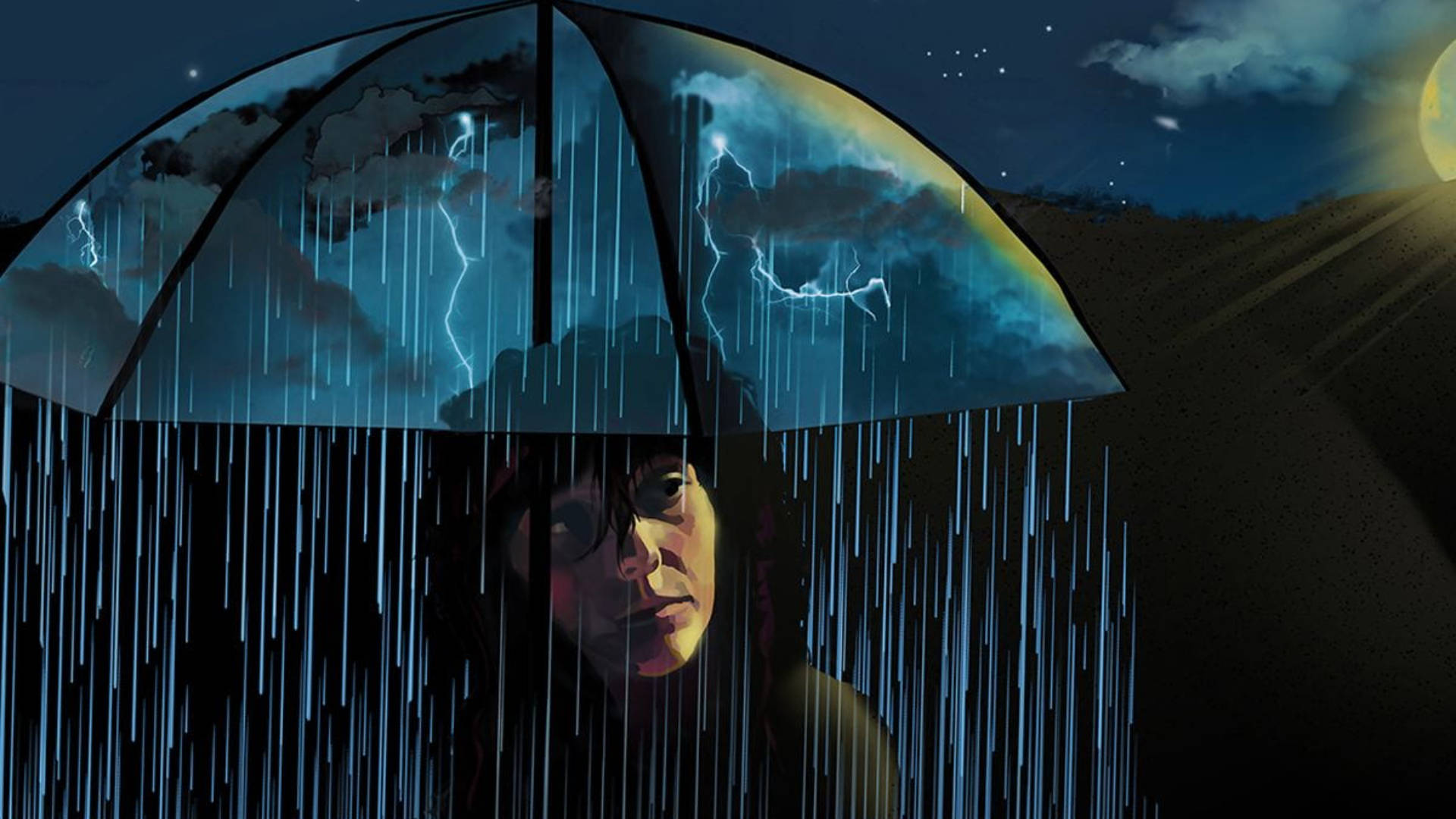 Raining 桌布 壁紙 — 一個人在暴風雨的夜晚撐著傘，閃電和雨水傾瀉而下。