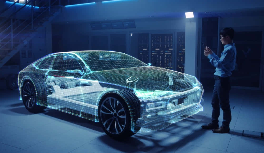 Car Technology 桌布 壁紙 — 一個人在未來實驗室中與發光的藍色全息投影跑車互動。