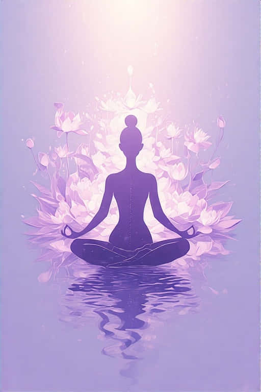 Minimalist Yoga Lotus Pose Calming Lavender 4K 壁紙 — 一個人在水上盤腿打坐的寧靜剪影，周圍環繞著發光的紫色蓮花，上方有光芒四射的光線。