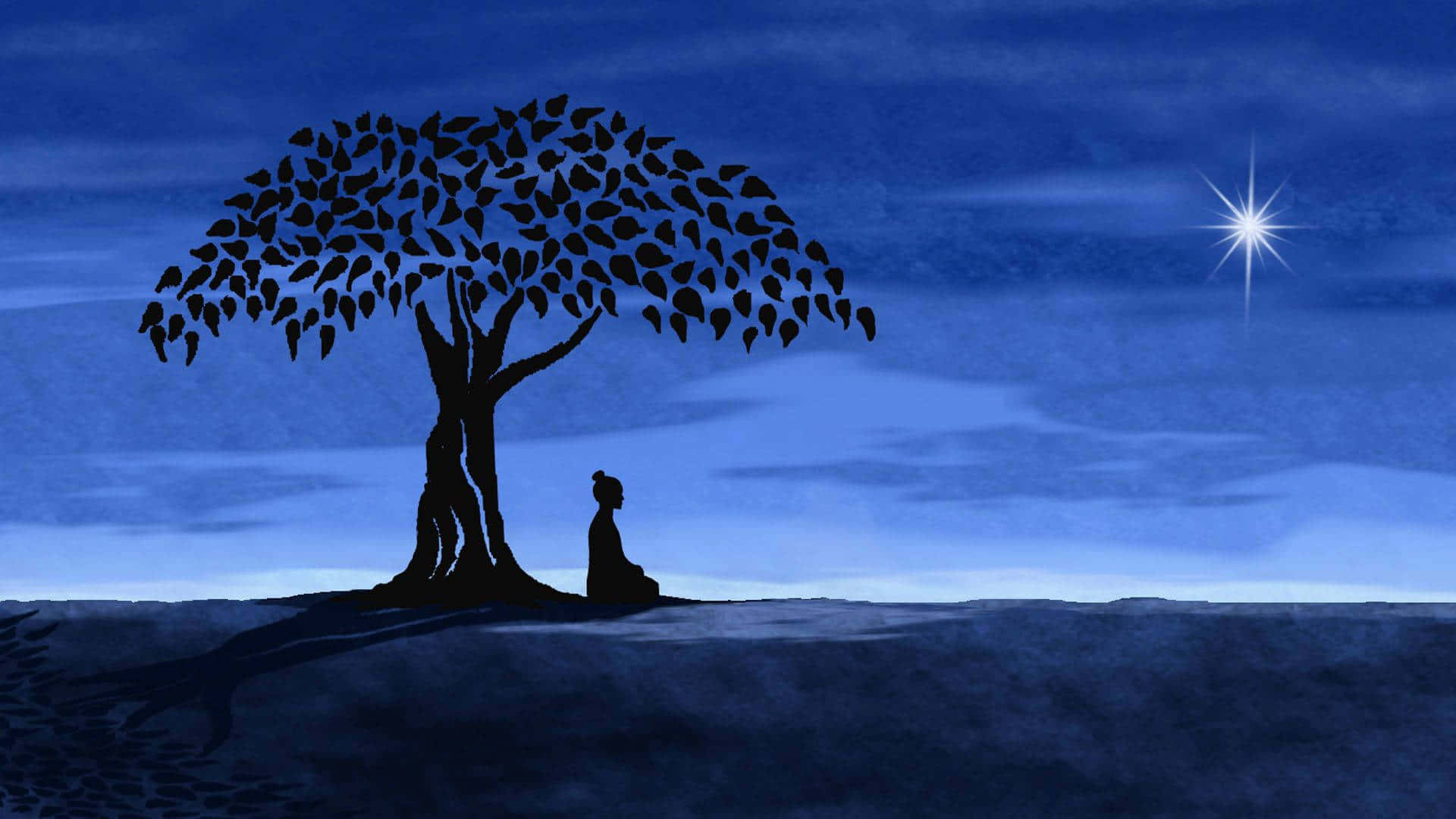 靈性動圖 桌布 壁紙 — 一個人在深藍色夜空下，在明亮的星星下，在枝葉茂密的樹下冥想的剪影。