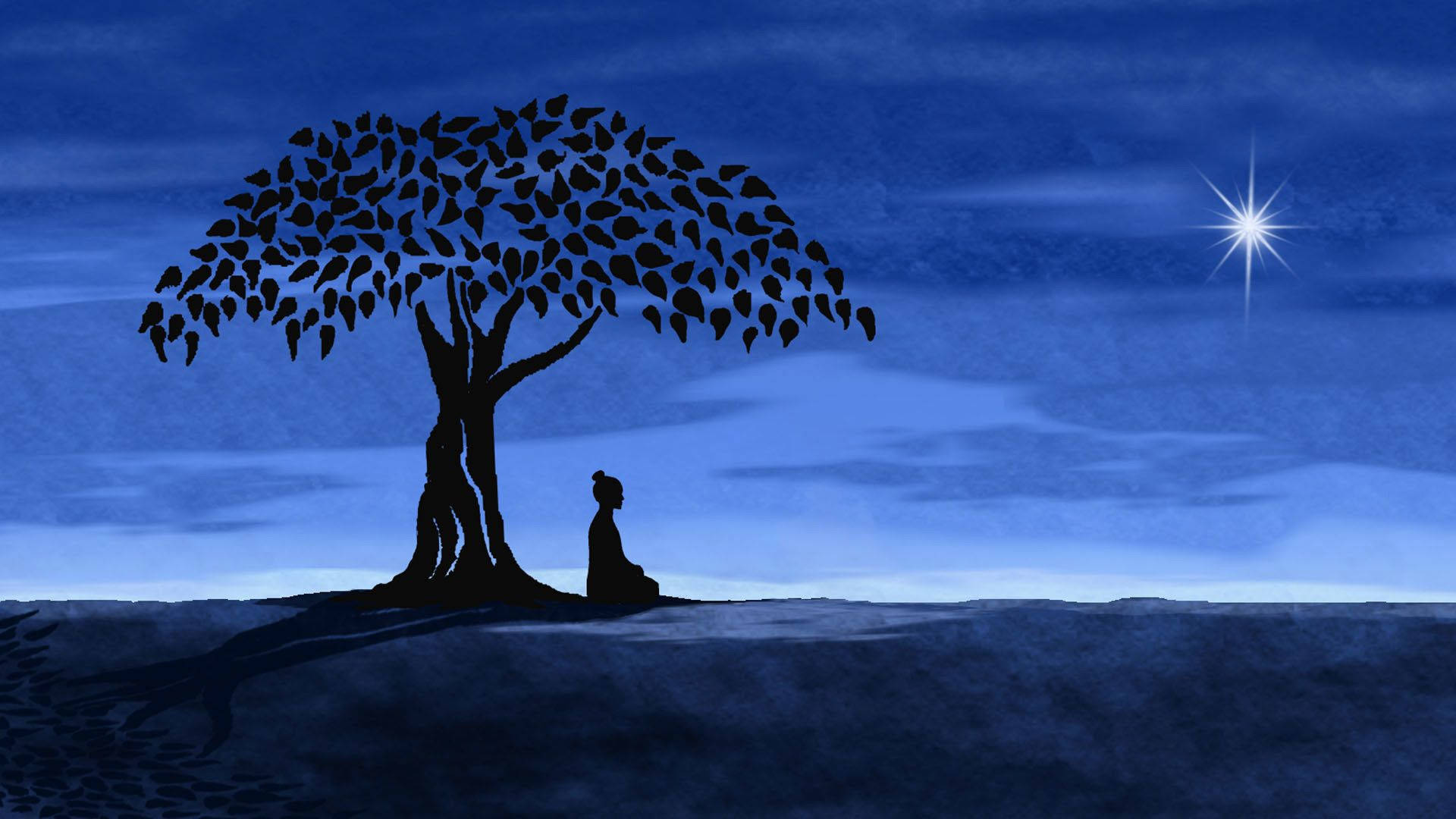 靈性動圖 桌布 壁紙 — 一個人在深藍色夜空下，在明亮的星星下，在一棵枝葉茂密的樹下冥想的剪影。