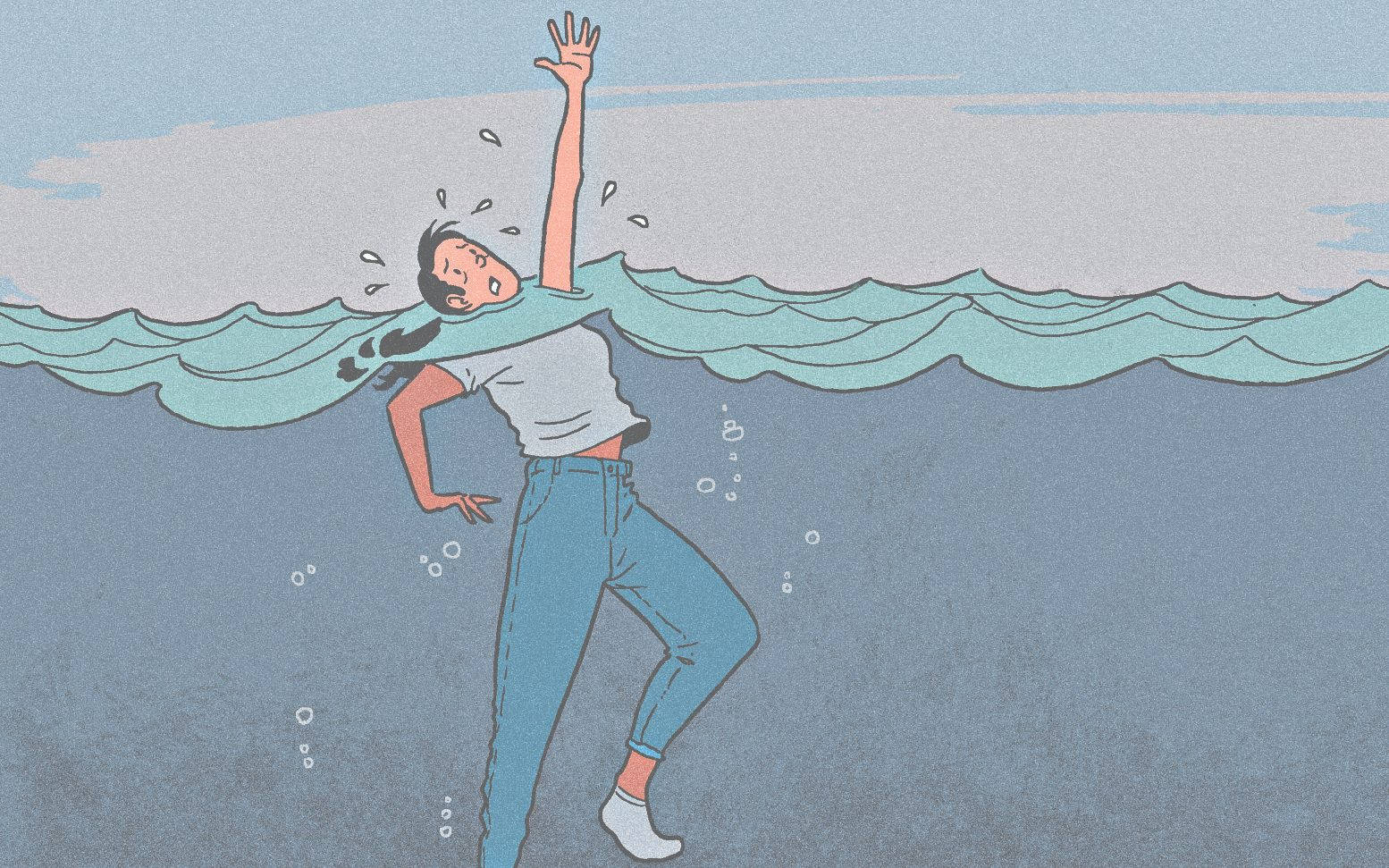 Anxiety 桌布 壁紙 — 一個人在湍急的水中掙扎求存，絕望地舉起一隻手臂。
