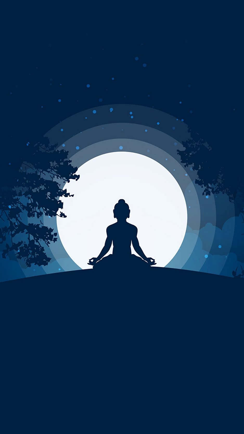 Spiritual Meditation 桌布 壁紙 — 一個人在滿月前以蓮花坐姿冥想的剪影，滿月被樹枝框住，背景是繁星點點的夜空。