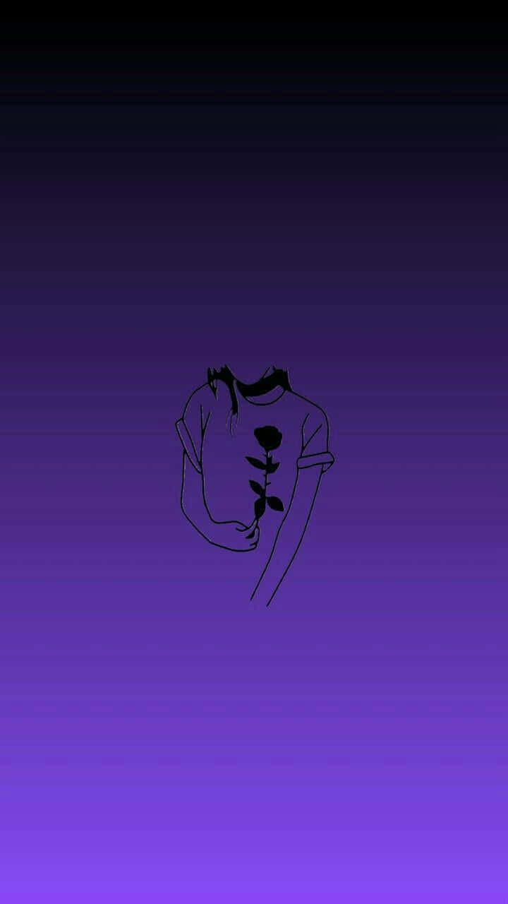 Aesthetic Purple 桌布 壁紙 — 一個人在漸變紫色背景上手持玫瑰的極簡黑色線條畫。
