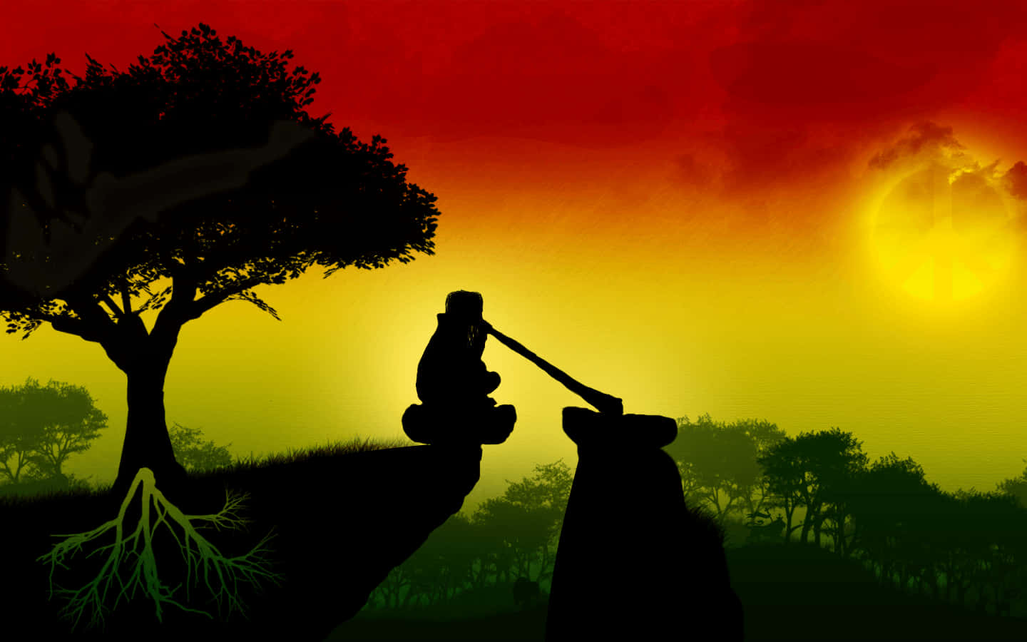 Rasta 桌布 壁紙 — 一個人在火紅的日落時分，在樹旁將木樁錘入泥土中的剪影。