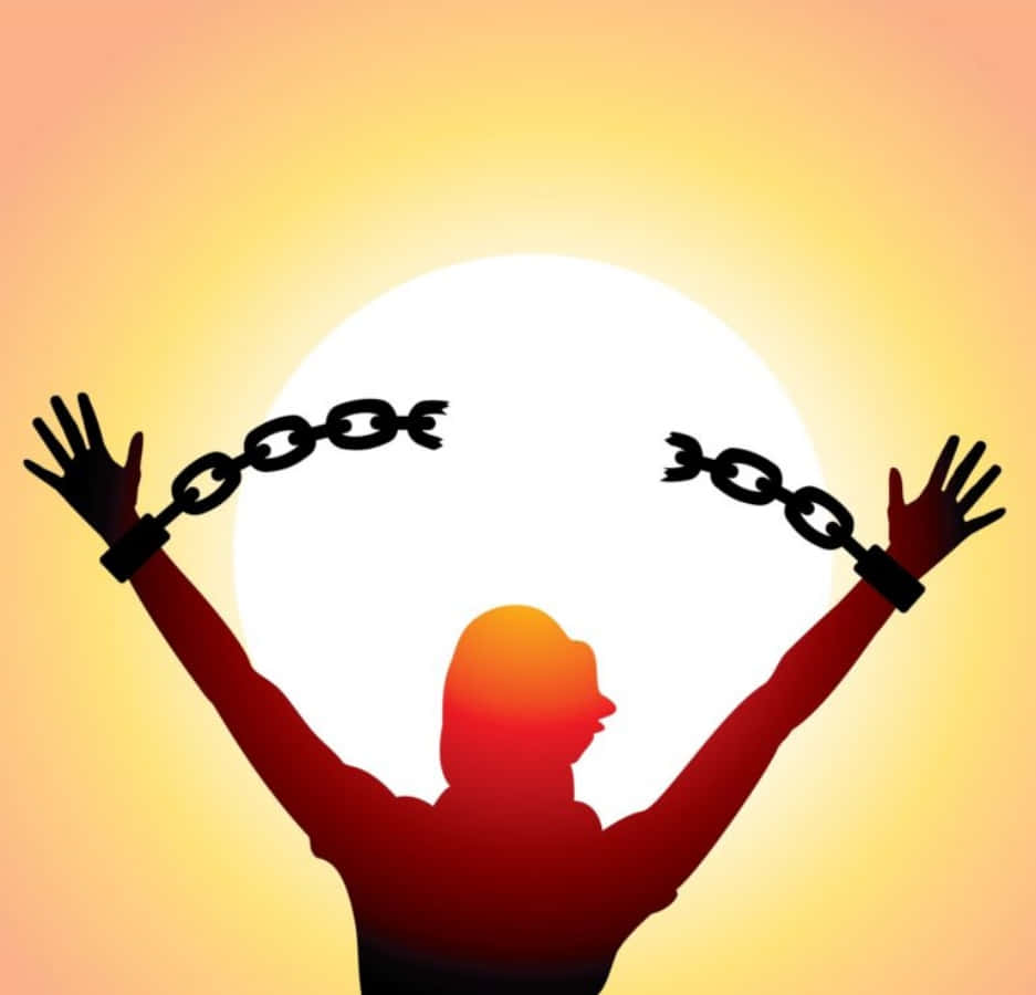 Freedom 桌布 壁紙 — 一個人在燦爛的日落背景下掙脫鎖鏈的剪影。