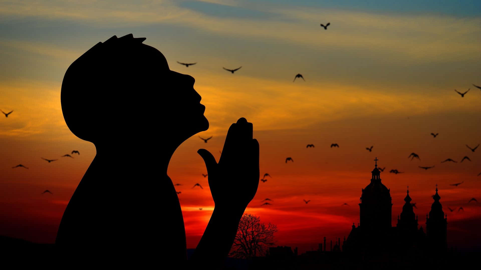 Praying 桌布 壁紙 — 一個人在祈禱的剪影，雙手合十，背景是充滿活力的日落天空，有飛鳥和教堂尖塔。