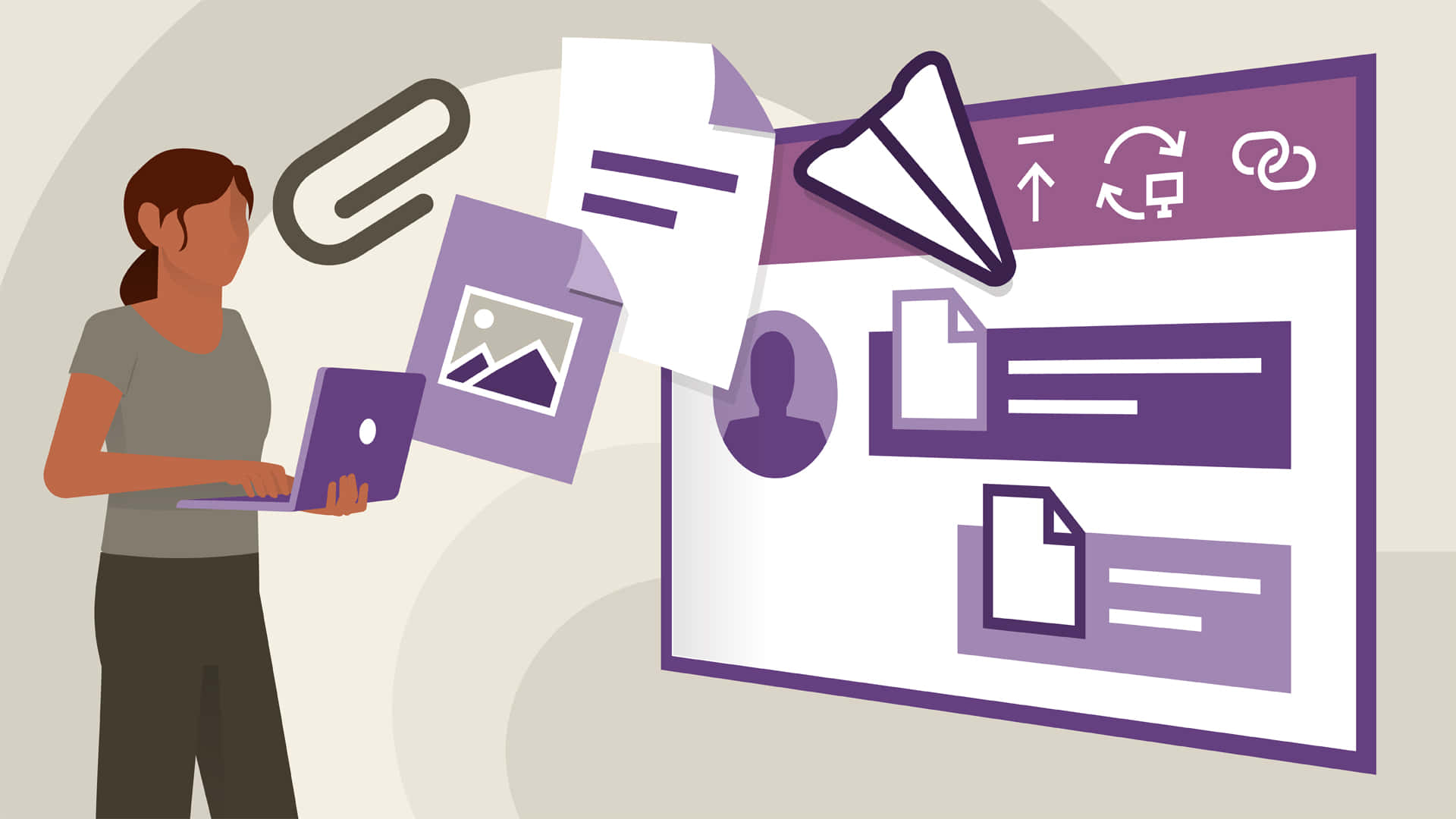 Microsoft Teams 桌布 壁紙 — 一個人在簡約的紫色和米色工作空間中使用筆記型電腦，周圍環繞著浮動的數位圖標和文件。