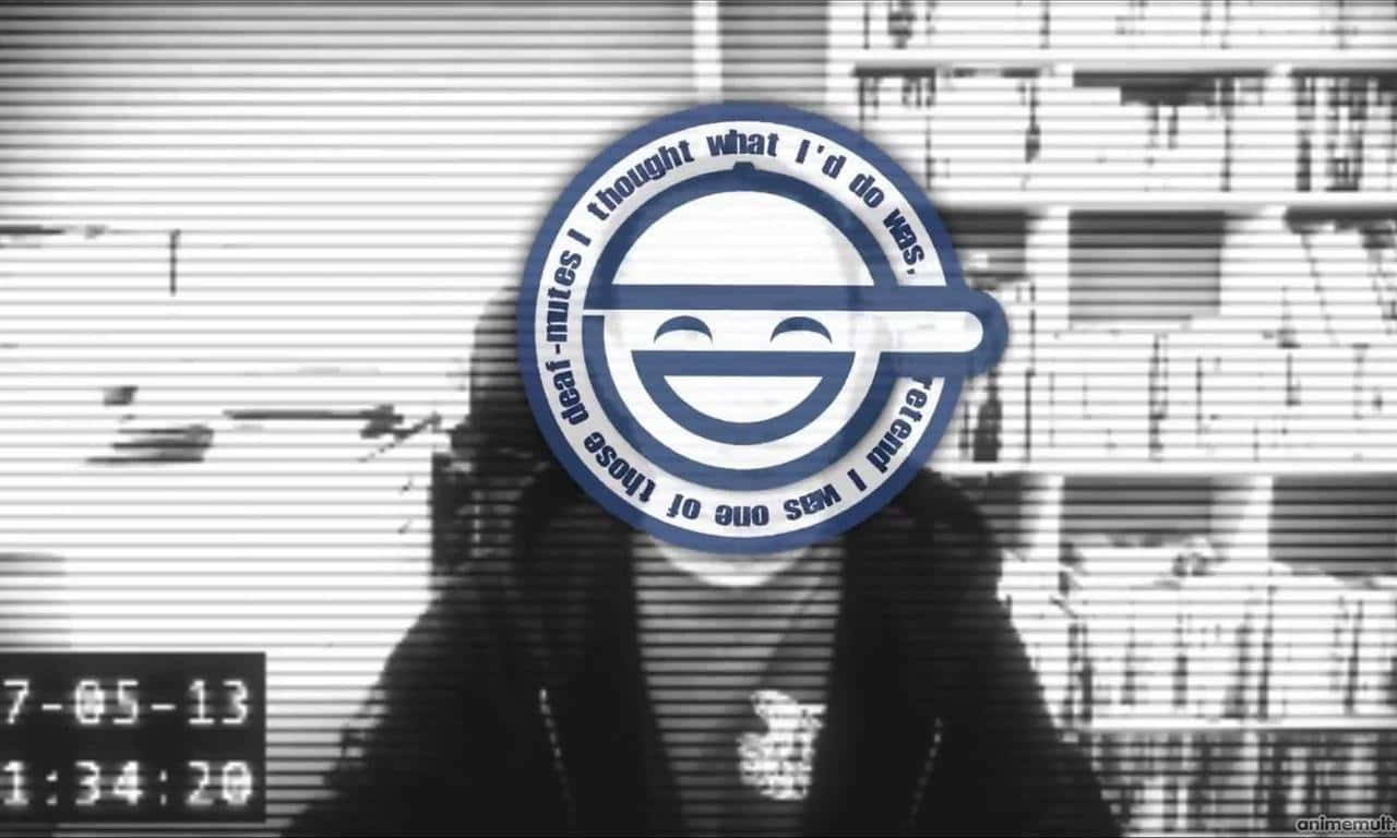 The Laughing Man 桌布 壁紙 — 一個人在粗糙的黑白監視器畫面中帶有微笑表情符號疊加和文字。