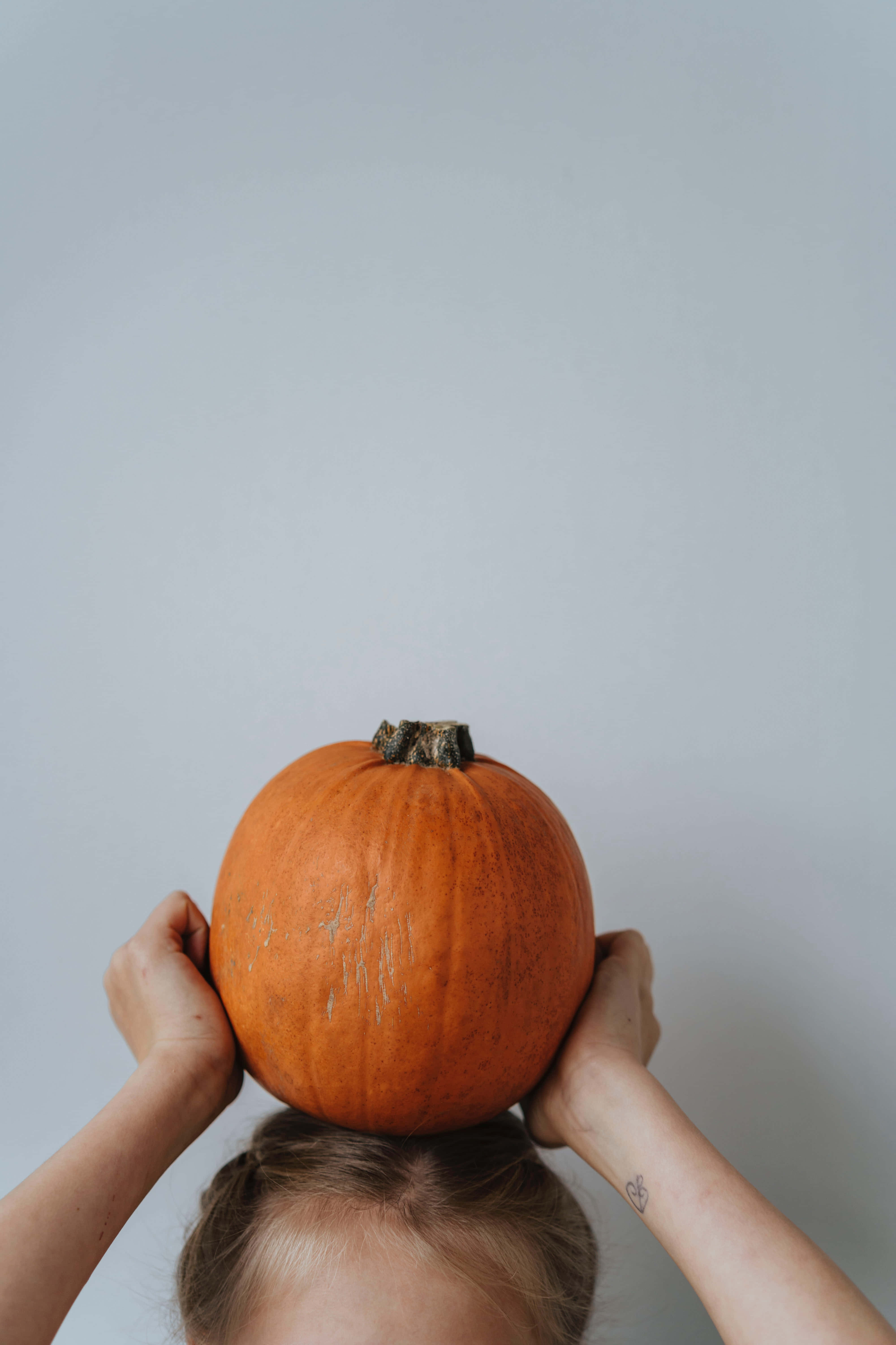 Halloween Pumpkin 桌布 壁紙 — 一個人在純灰色背景前，將一個大橙色南瓜平衡在頭上。