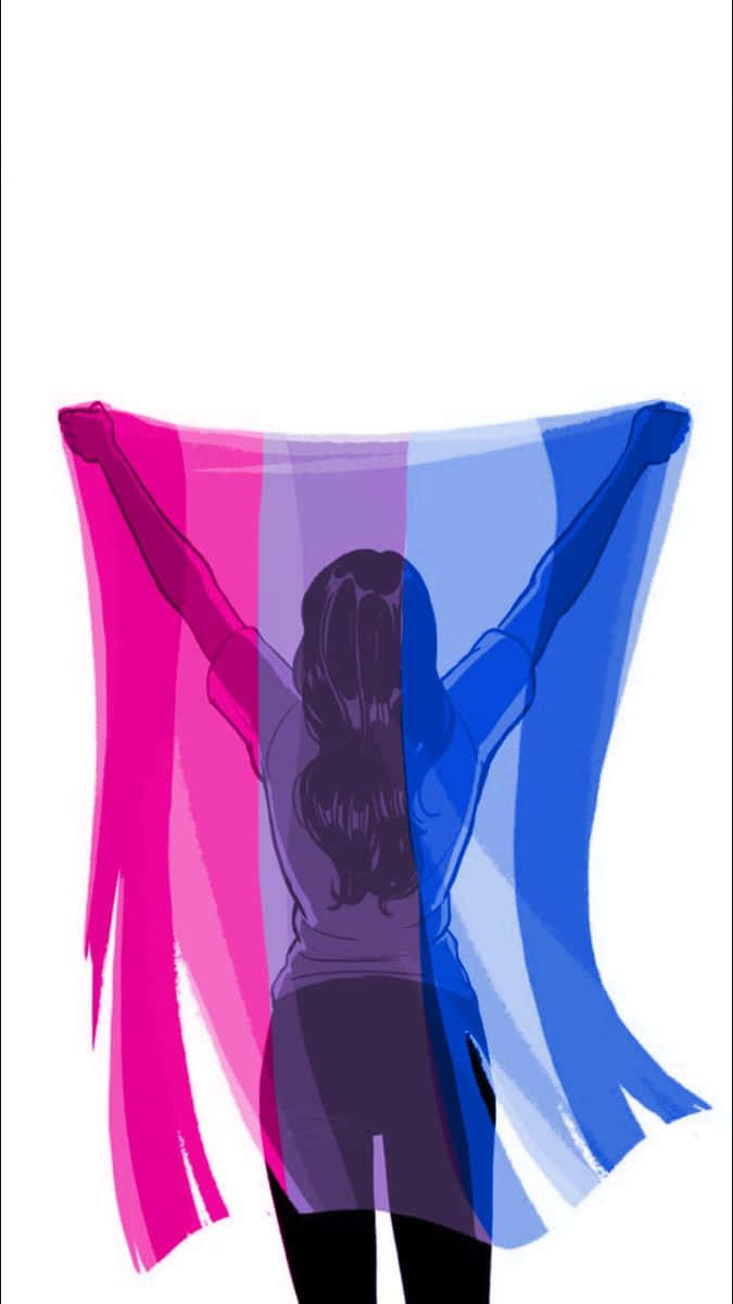 Bi Flag 桌布 壁紙 — 一個人在純白背景前，舉起雙臂揮舞雙性戀驕傲旗。