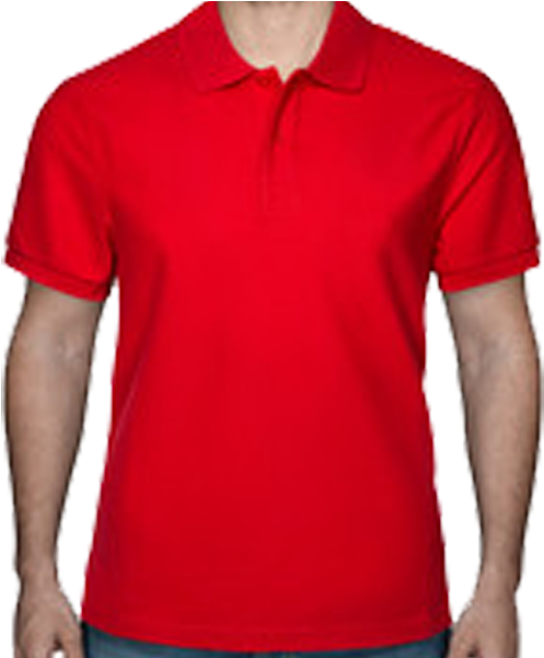 Polo Shirt 桌布 壁紙 — 一個人在純色背景前穿著一件鮮紅色的Polo衫，有領子和鈕扣門襟。