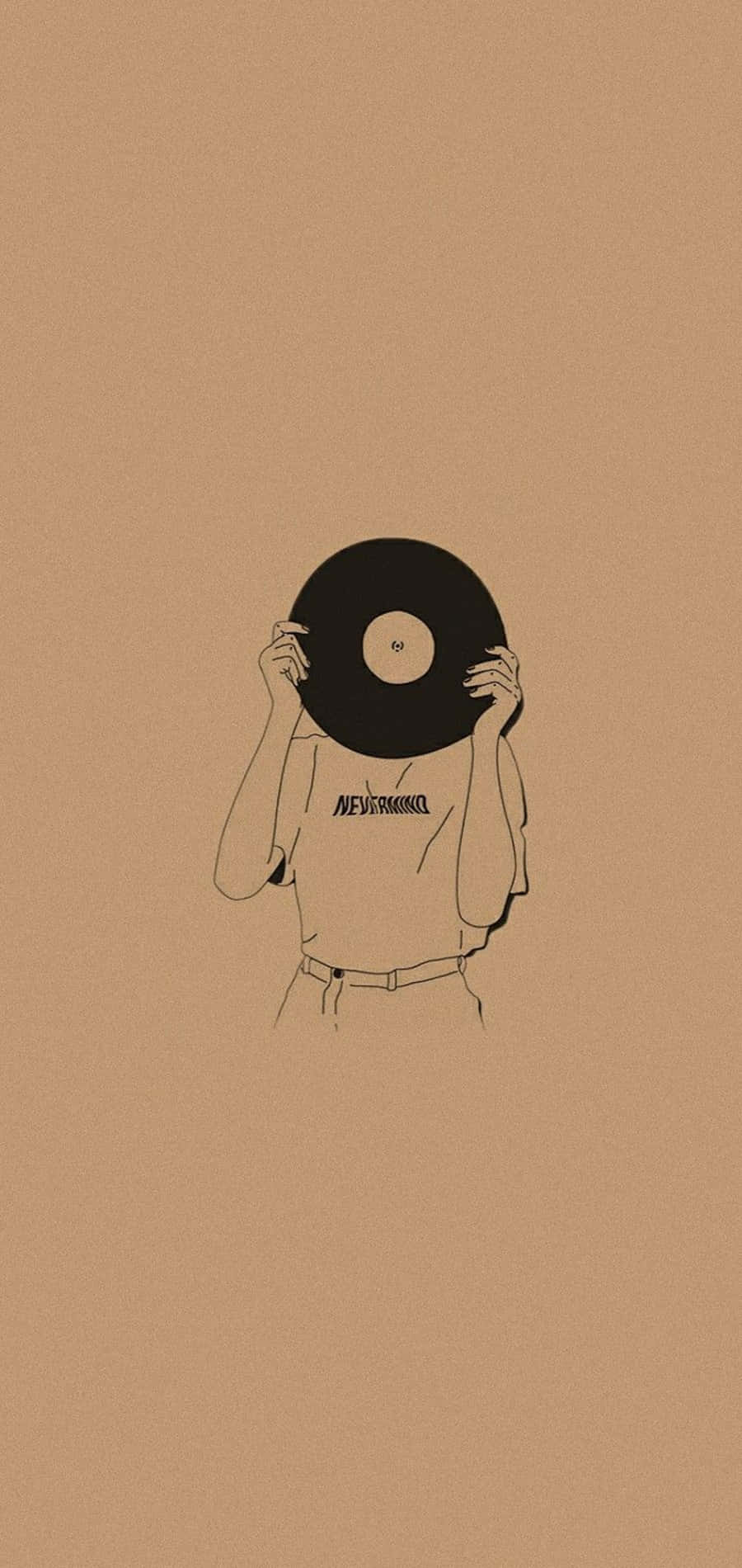 Korean Beige Aesthetic 桌布 壁紙 — 一個人在純色黃褐色背景前，用黑膠唱片遮住臉部的極簡線條畫。