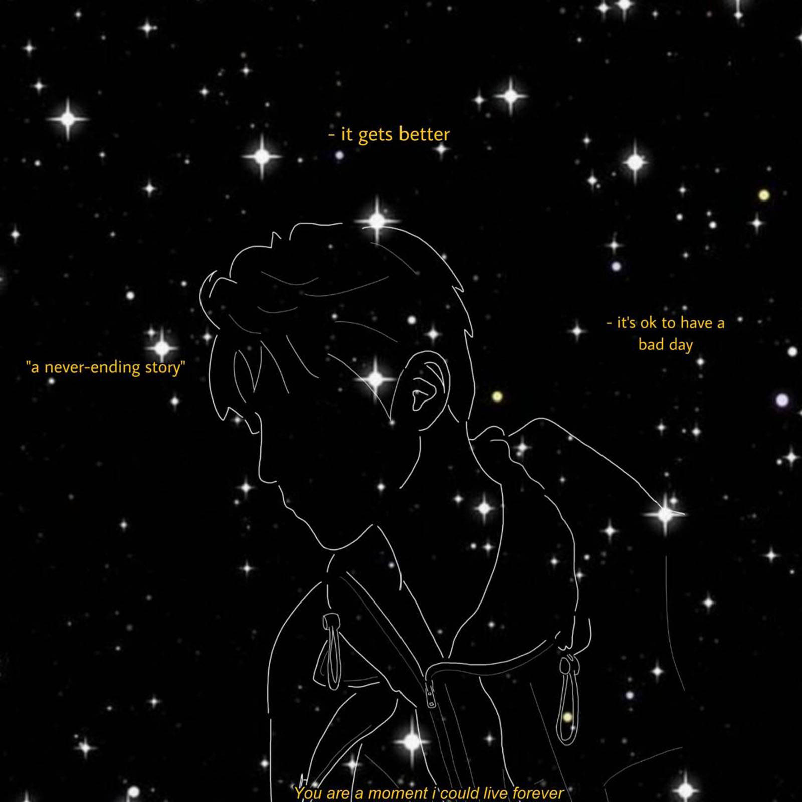 美少年動態圖 桌布 壁紙 — 一個人在繁星點點的夜空中的白色線條藝術剪影，周圍有發光的勵志名言。