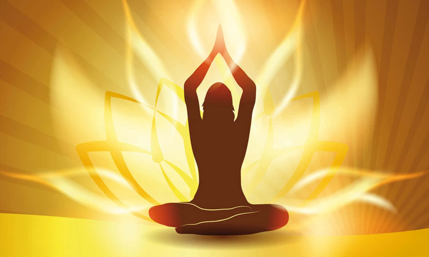 Spirituality 桌布 壁紙 — 一個人在蓮花坐姿中冥想，雙手舉起，金色光芒從背後放射出來的剪影。