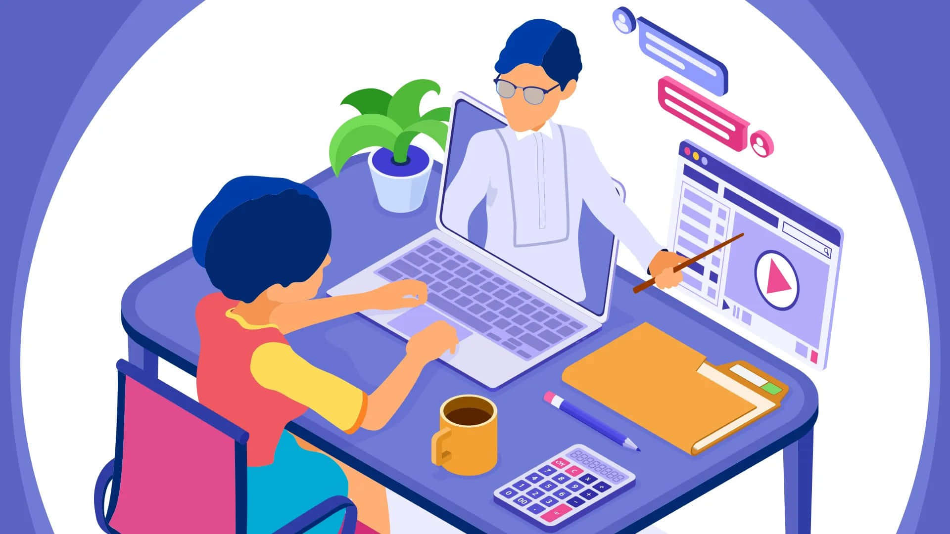 Learning 桌布 壁紙 — 一個人在辦公桌前使用筆記型電腦工作，同時一位虛擬導師指向一個顯示影片播放器和聊天氣泡的螢幕。
