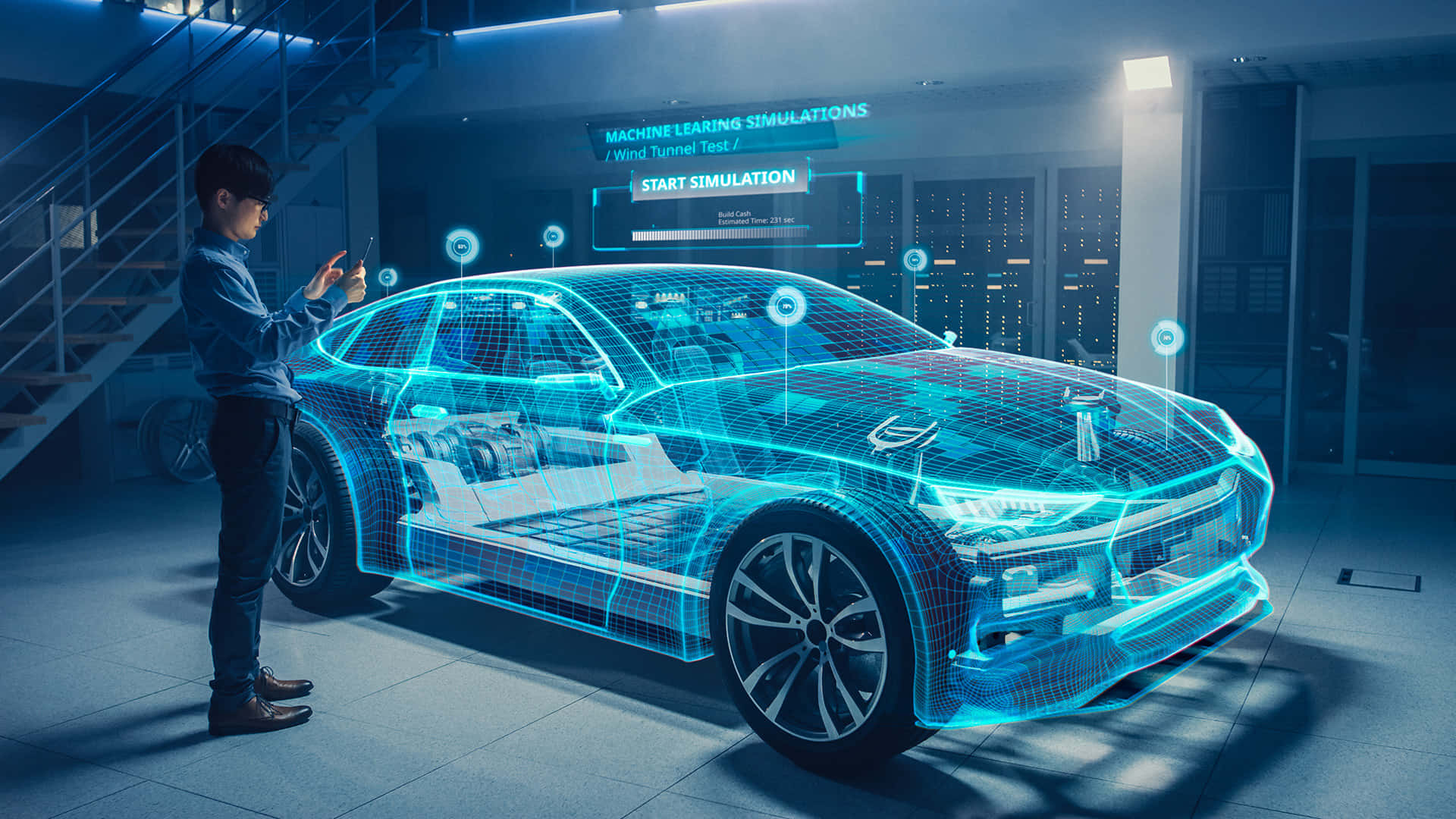 Car Technology 桌布 壁紙 — 一個人在配備數位界面的高科技實驗室中與發光藍色全息汽車模型互動。