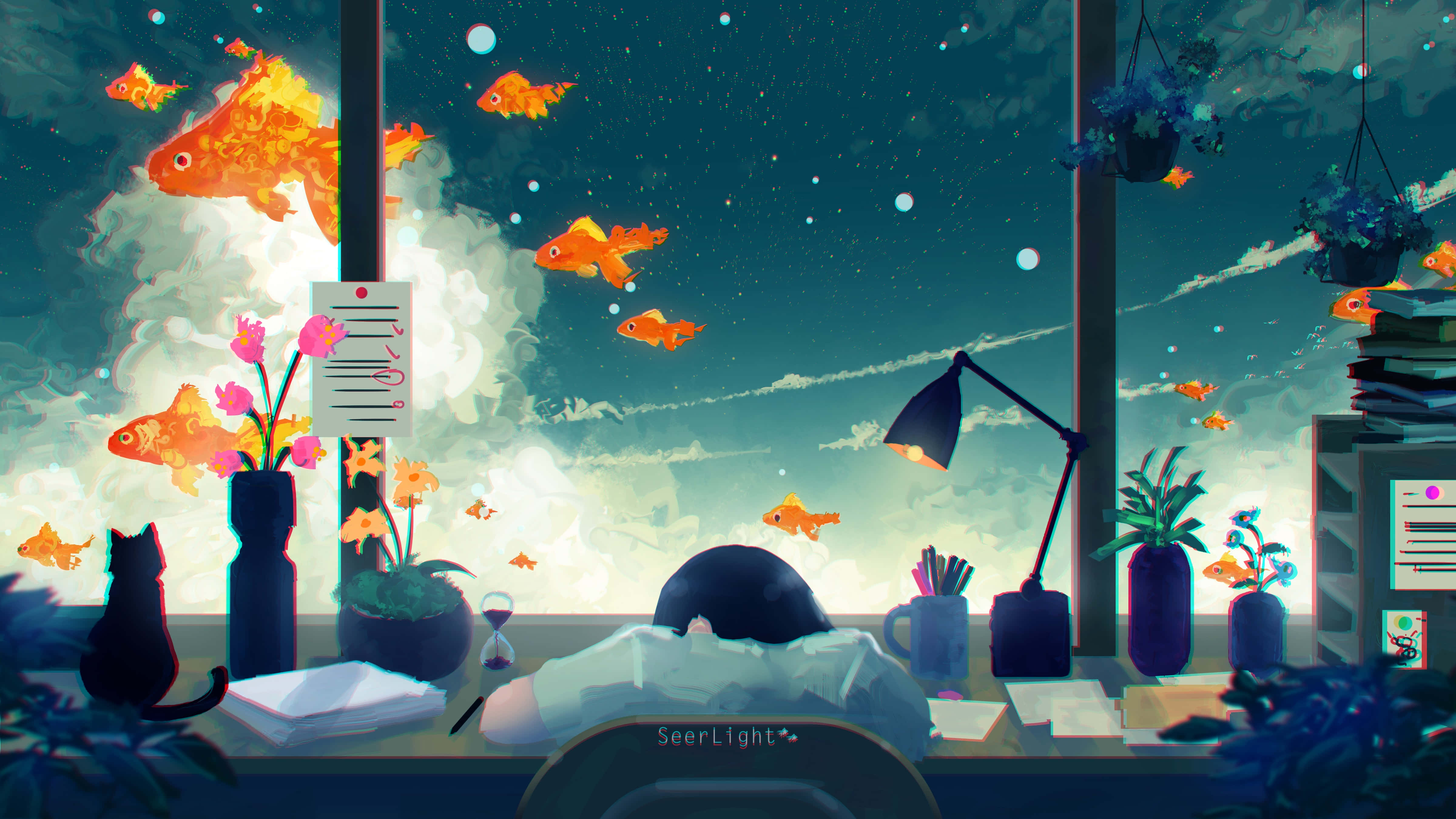 夢幻 桌布 壁紙 — 一個人在雜亂的書桌上睡覺，發光的金魚在窗外的星空游動。
