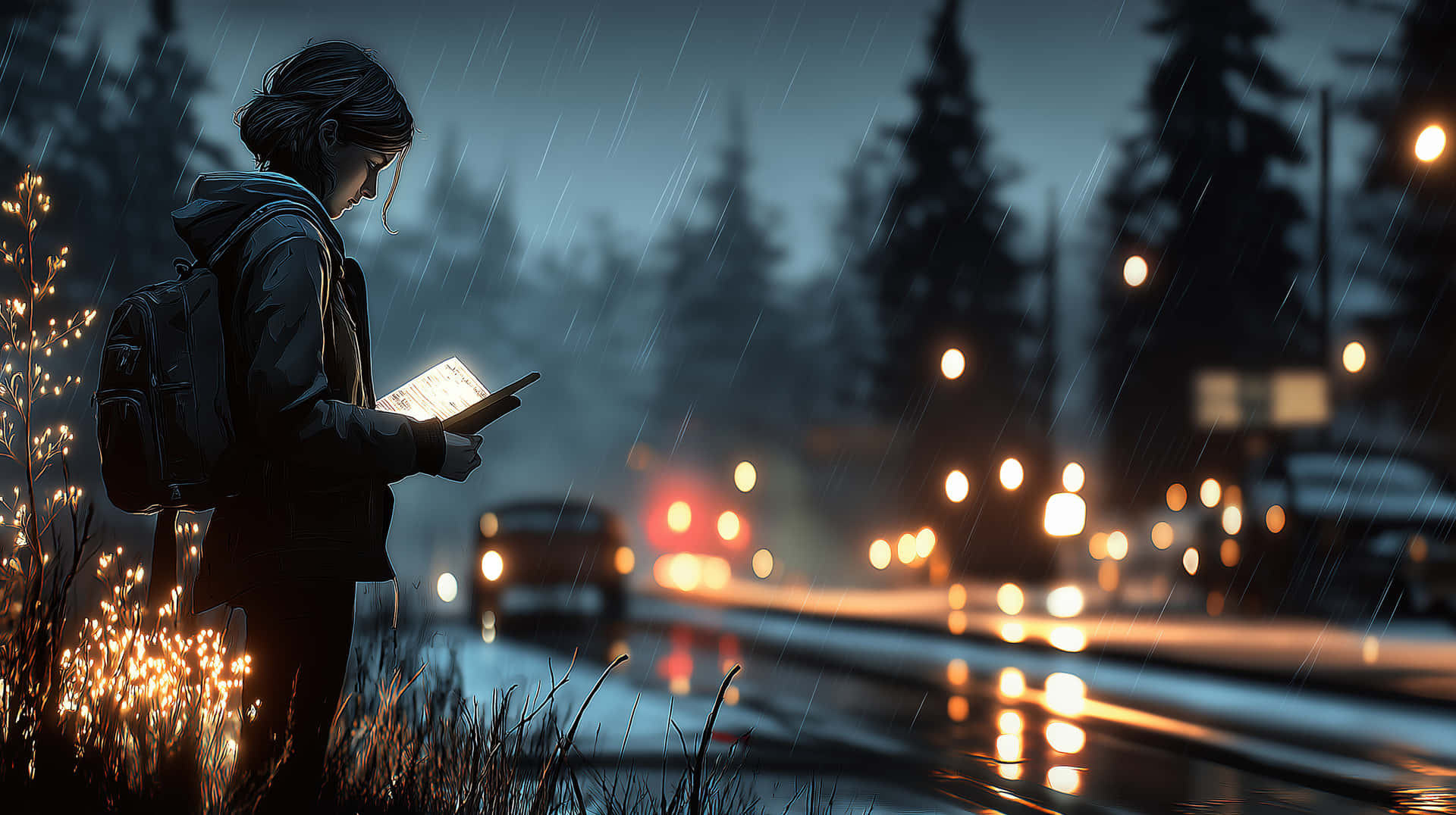 Woman Reading Glowing Book in Urban Night Rain Scene 壁紙 — 一個人在雨夜中站在發光的路邊，閱讀一本發光的書，汽車帶著模糊的燈光駛過。