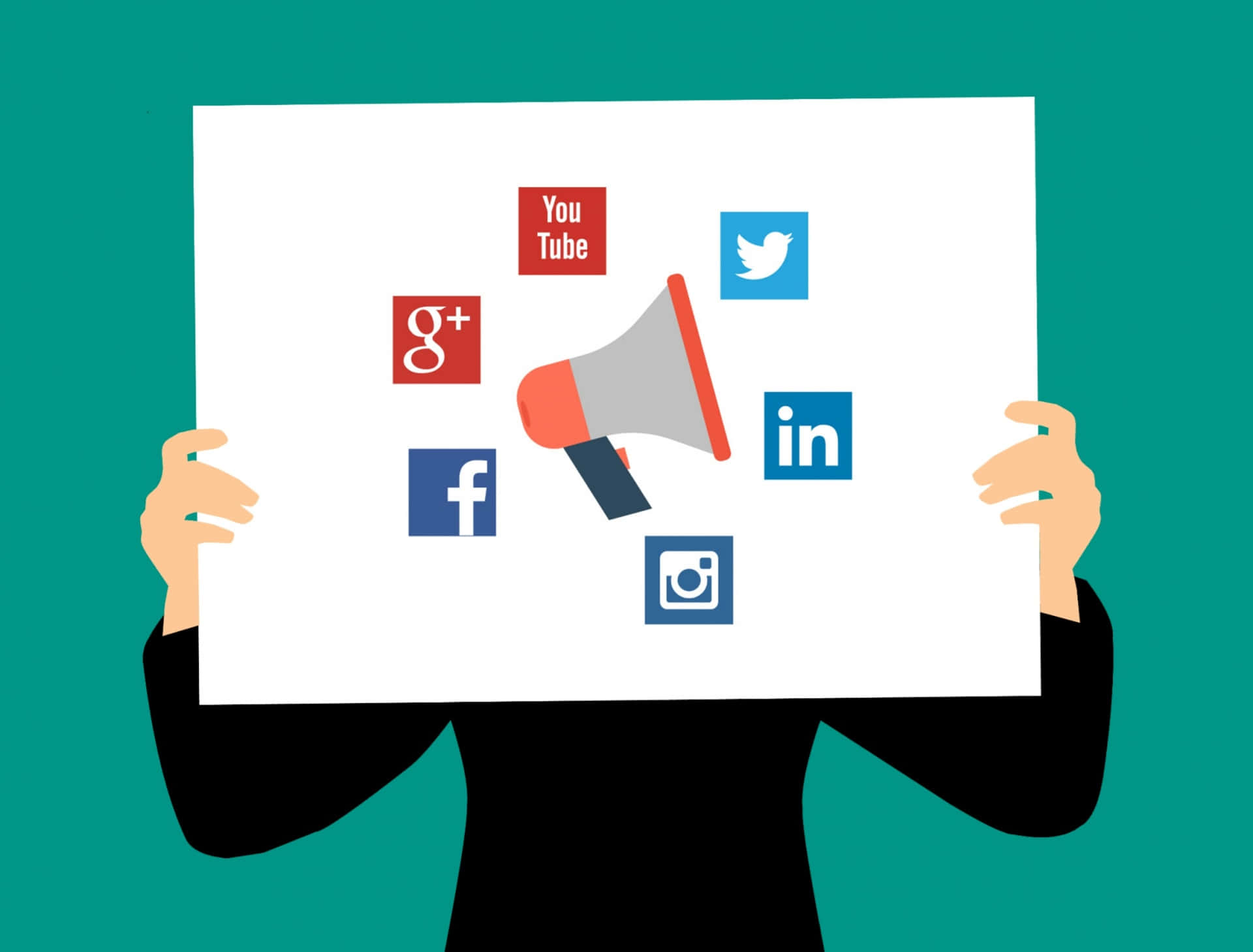 Social Media Logos 桌布 壁紙 — 一個人在青綠色背景前，拿著一塊有擴音器和社交媒體圖示的白色板子。