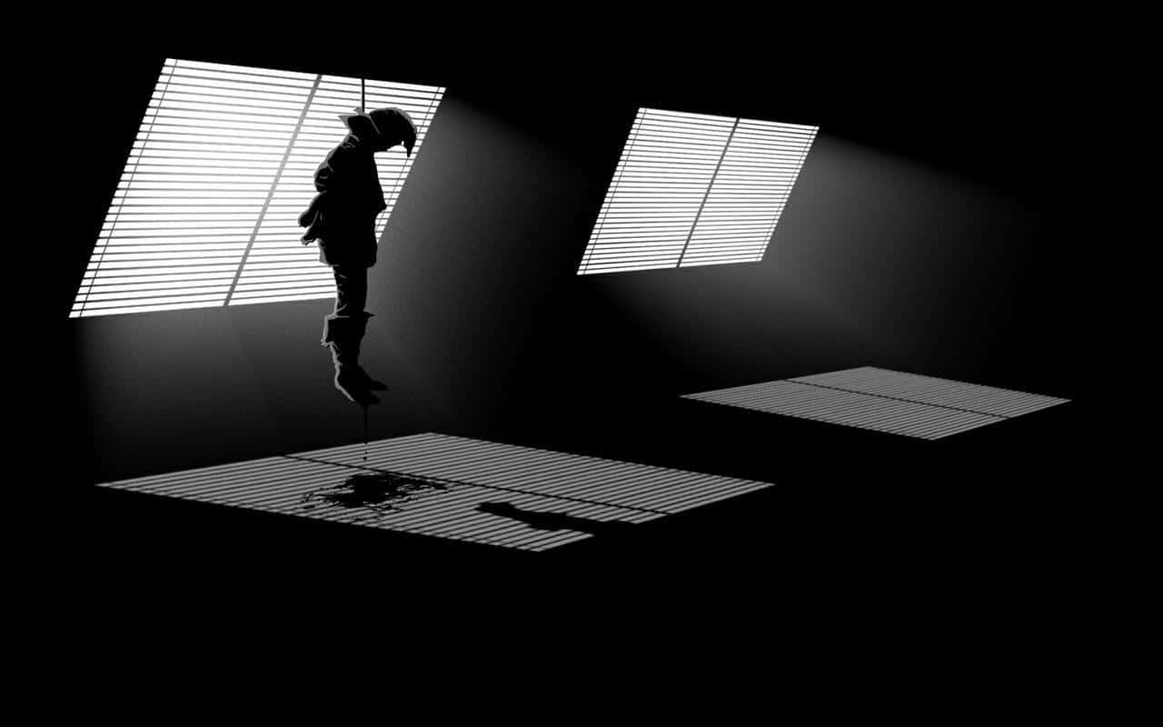 Suicide 桌布 壁紙 — 一個人在黑暗房間中懸掛在天花板通風口上的鮮明黑白剪影，帶有板條燈板投射出戲劇性的陰影。