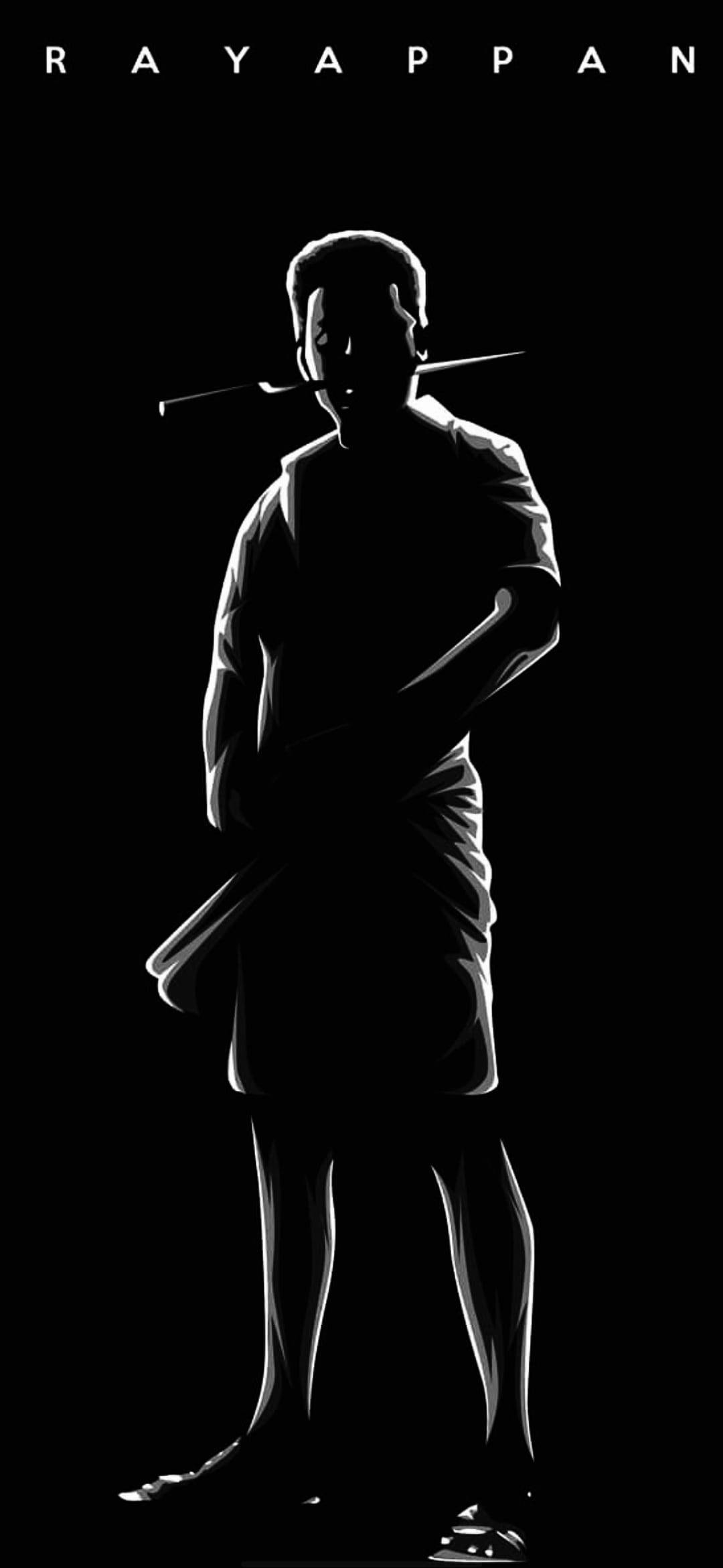 Silhouette 桌布 壁紙 — 一個人在黑暗背景上，肩上扛著一把劍的鮮明黑白剪影。