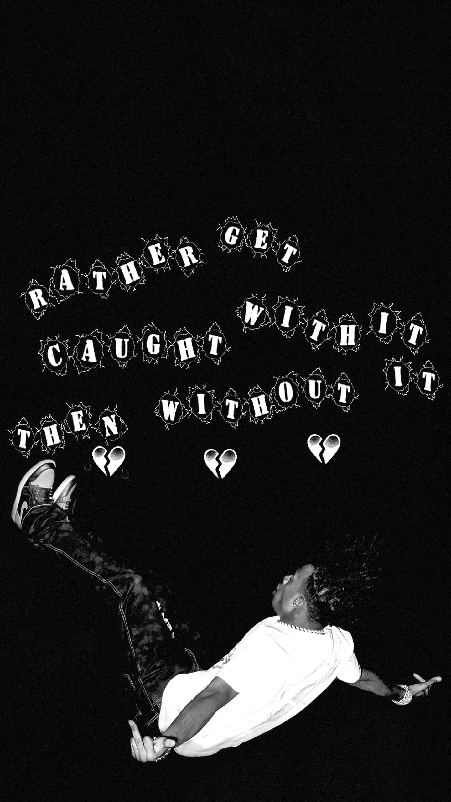 Playboi Carti iPhone 桌布 壁紙 — 一個人在黑色背景上半空中，帶有粗體文字和破碎的心形符號。