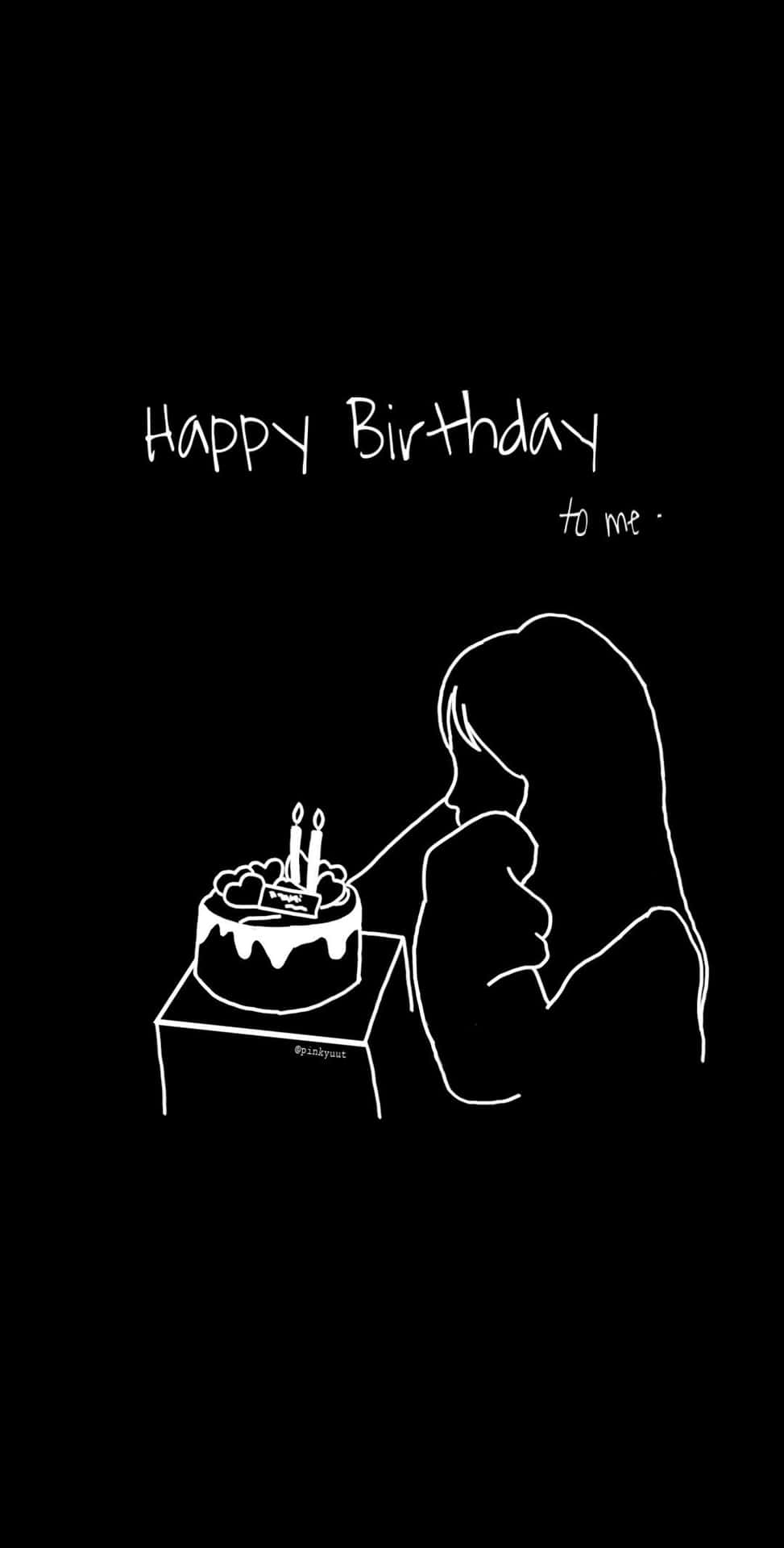 Happy Birthday To Me 桌布 壁紙 — 一個人在黑色背景上吹熄生日蛋糕蠟燭的極簡白色線條畫，附有文字。