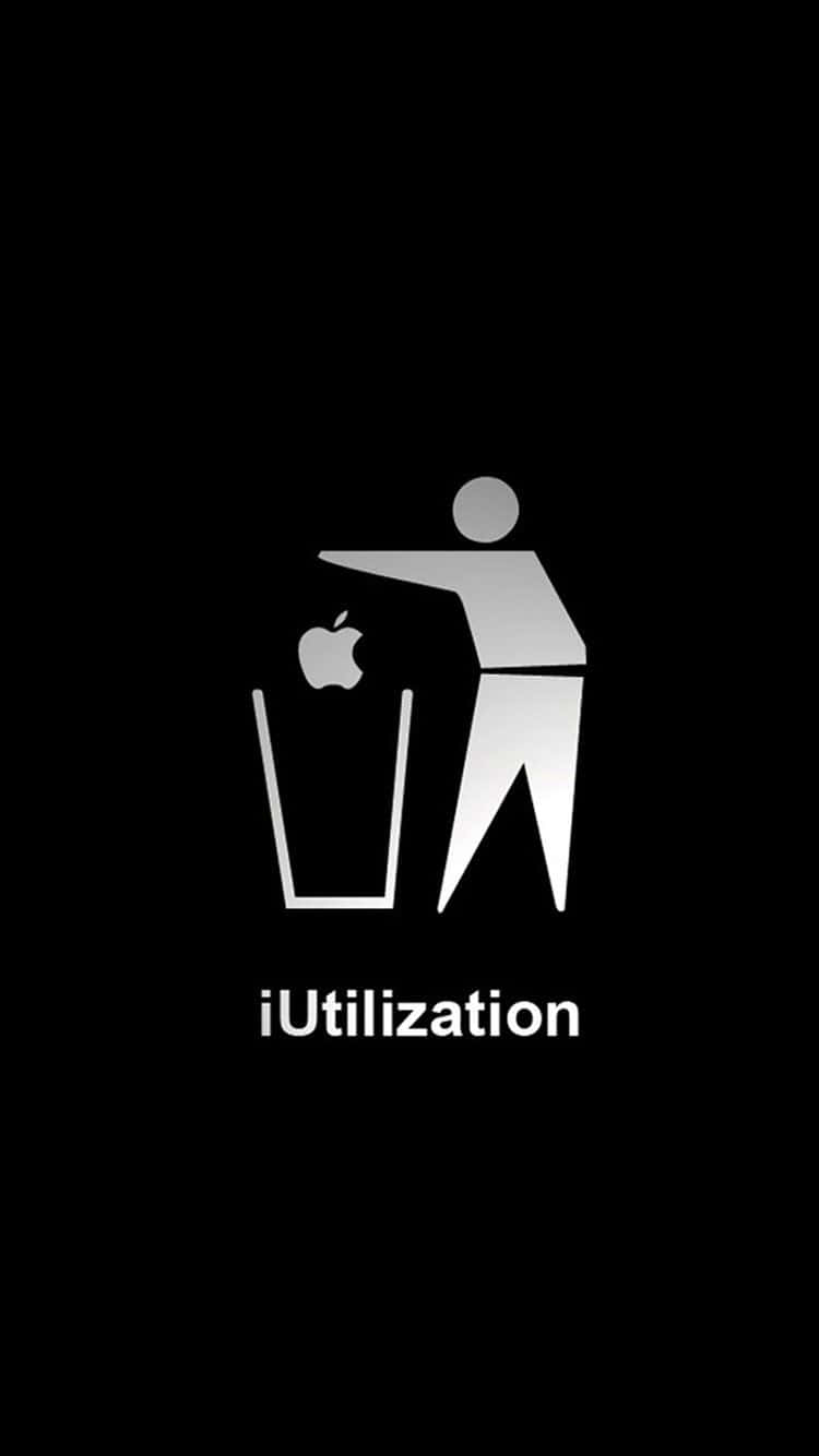 iPhone 桌布 壁紙 — 一個人在黑色背景上將 Apple 標誌丟進垃圾桶的極簡銀色剪影。