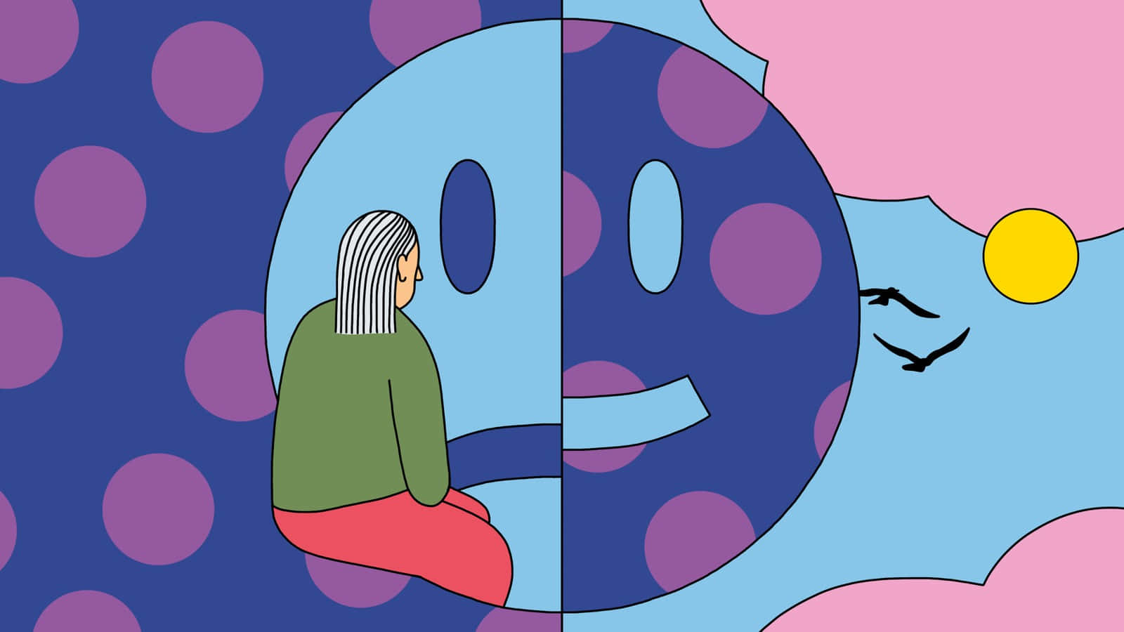 Illustration 桌布 壁紙 — 一個人坐在一個微笑的臉上，臉部分為黑暗和光明兩邊，鳥兒在太陽附近飛翔。