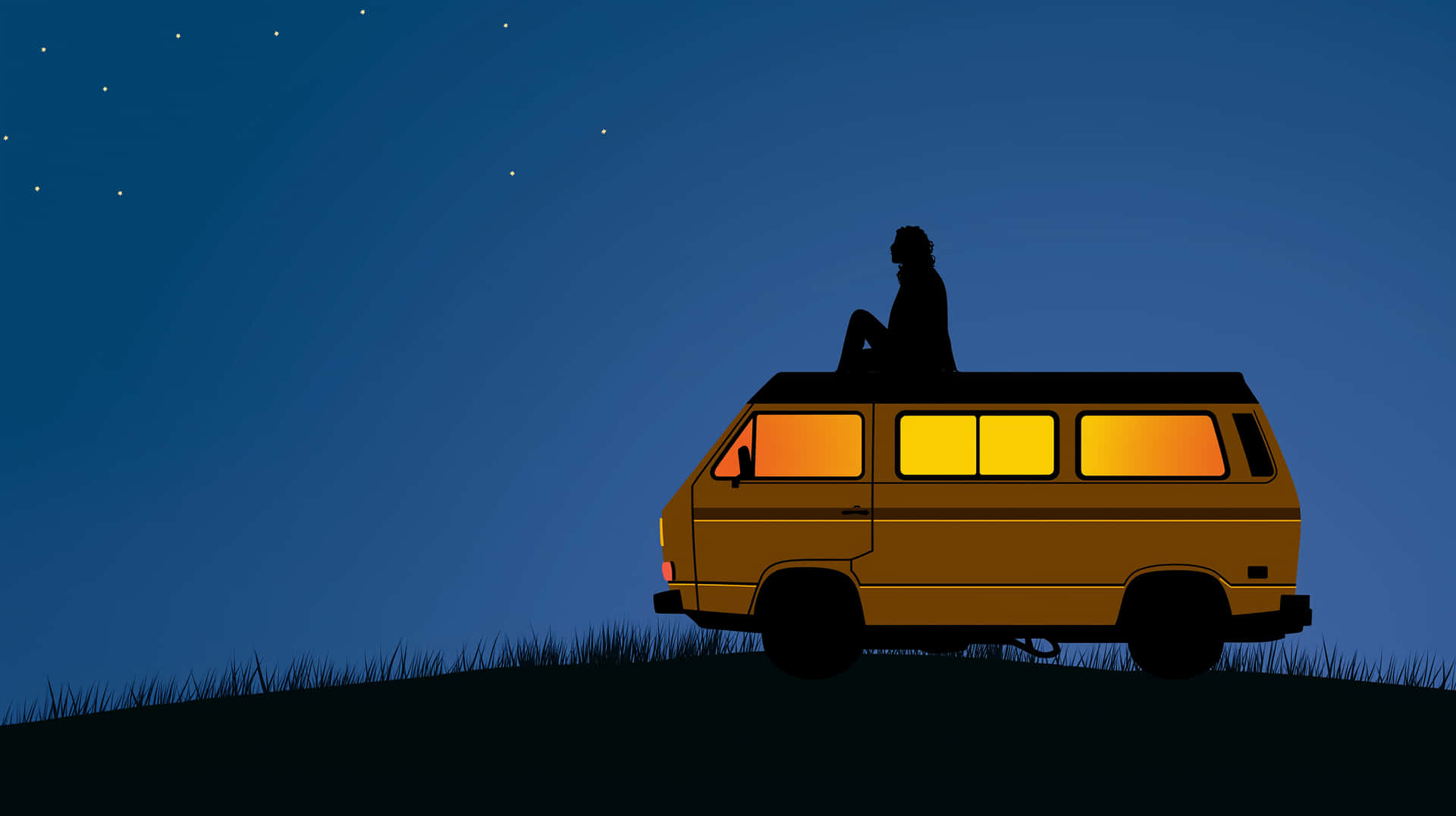 Stargazing Camper 壁紙 — 一個人坐在一輛黃色廂型車上的剪影，廂型車停在長滿草的山丘上，背景是繁星點點的夜空，車窗發光。