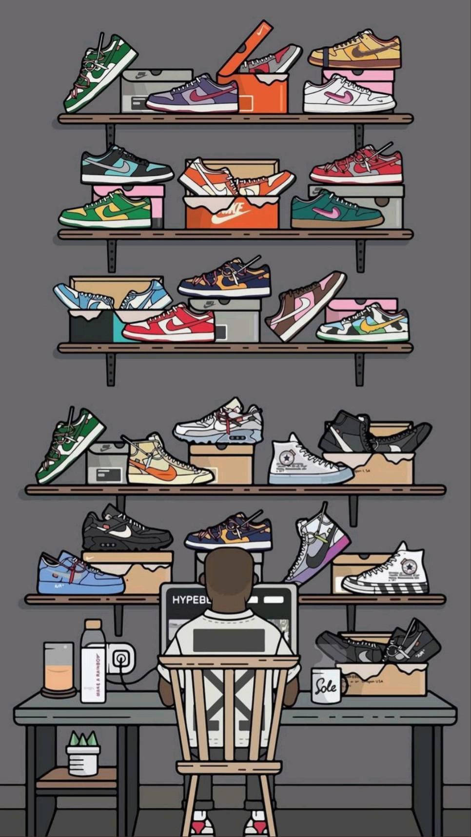 書桌前的人被運動鞋架包圍在極簡插圖房間中。 — 鞋子 GIF 壁紙